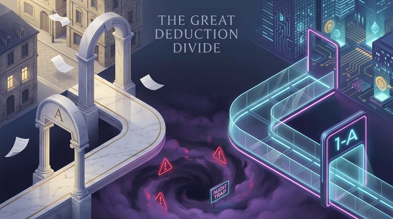   Visual metaphor of a tax form split: Marble path for Schedule A Itemized Deductions vs Neon path for Schedule 1-A Additional Deductions 2025. 