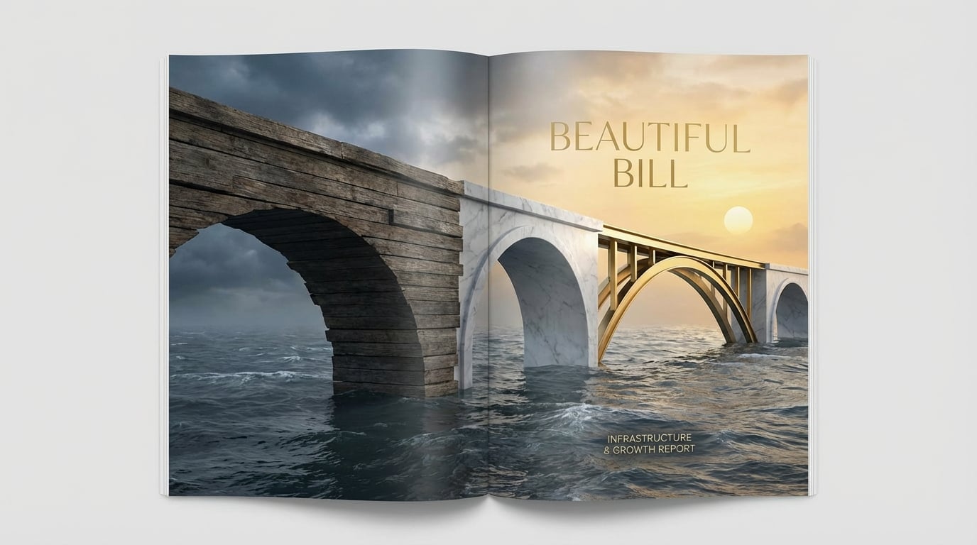   Illustration of a bridge transforming from wood to gold, symbolizing the permanent 2025 capital gains tax rates under Public Law 119-21. 