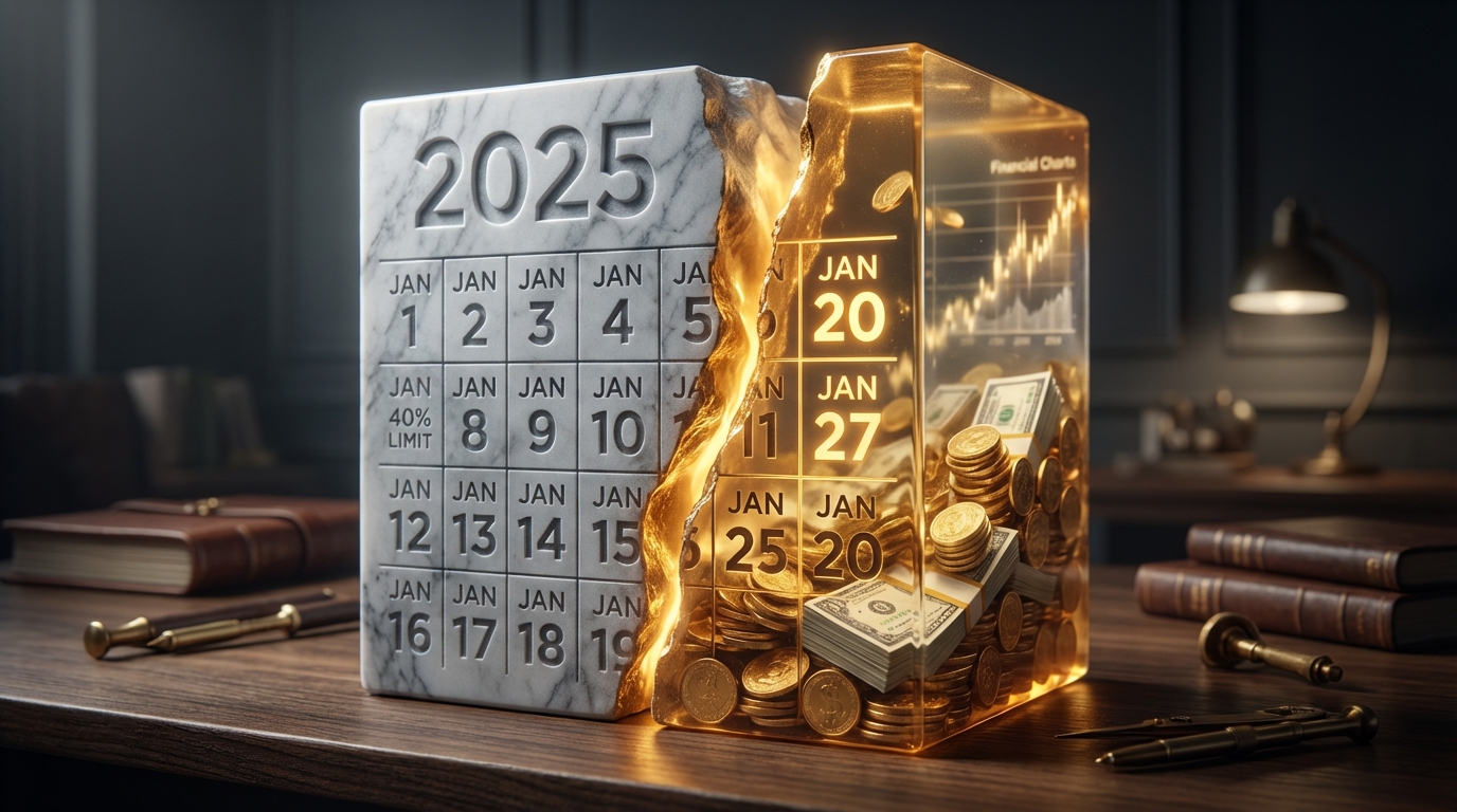   2025 calendar block split at January 20th showing the difference between 40% and 100% bonus depreciation rates for rental property tax deductions. 