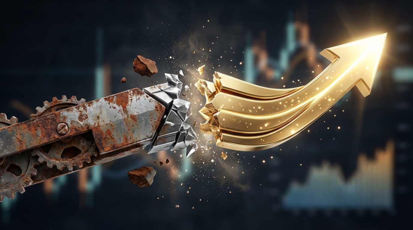   3D illustration of a split timeline representing the 2025 OBBBA tax law change, showing a transition from rusted metal to polished gold to symbolize the restoration of 100% bonus depreciation. 