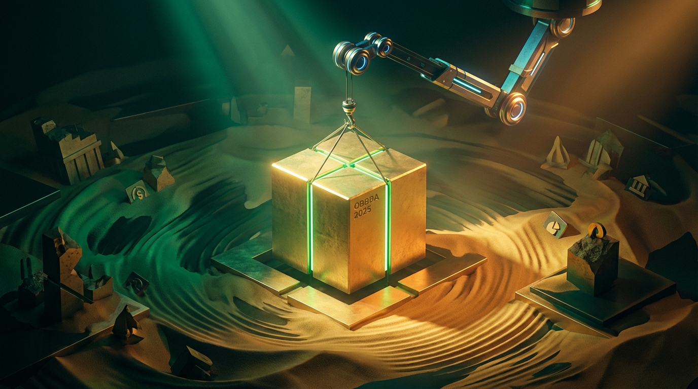  3D illustration of a solid foundation block representing the 2025 OBBBA tax laws stabilizing a shifting financial landscape for Schedule K-1 filers. 