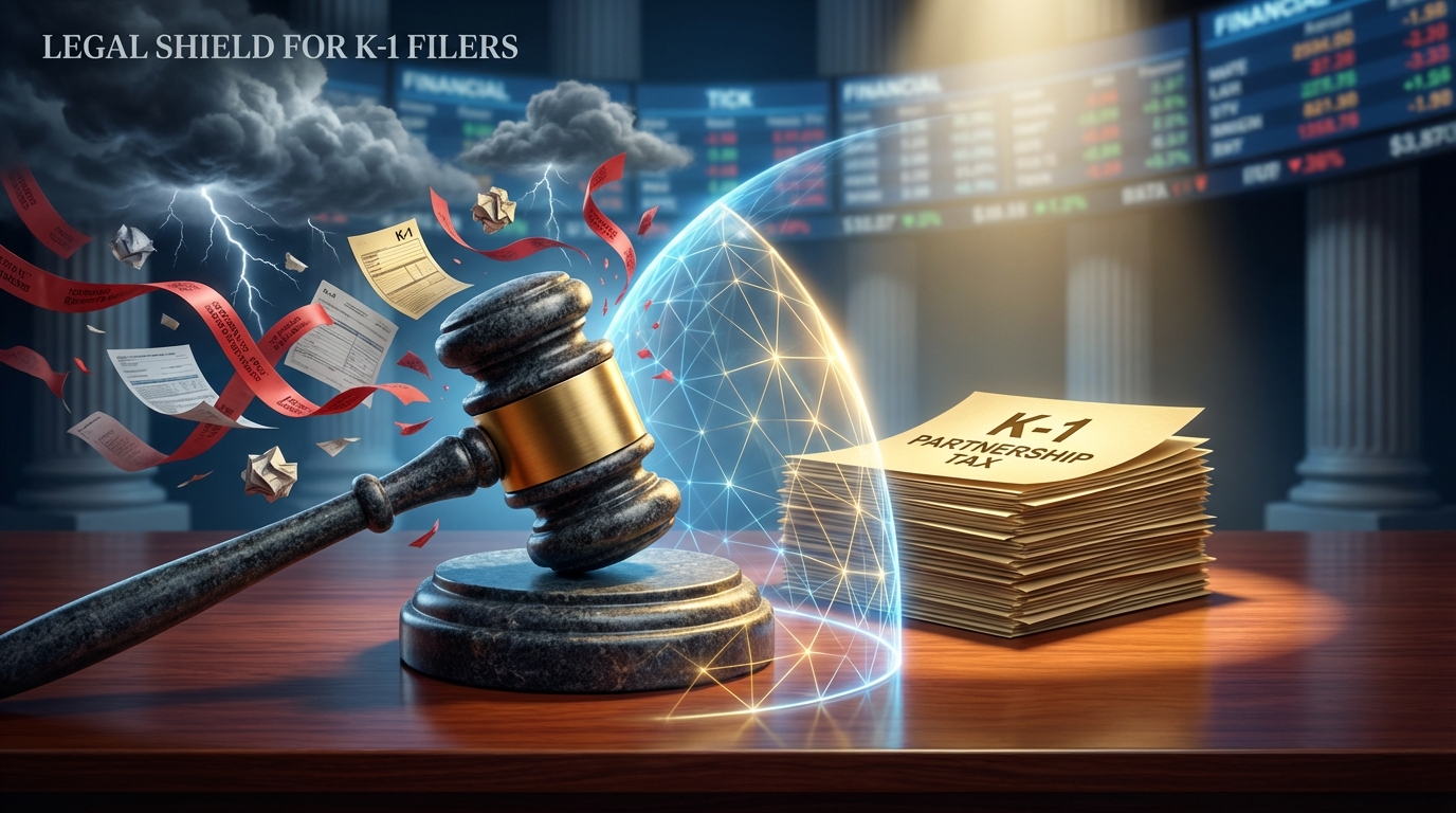   Gavel striking a desk creating a protective shield against a storm of IRS red tape, symbolizing the Sirius Solutions v Commissioner 5th Circuit ruling protecting Schedule K-1 limited partners from self-employment tax. 