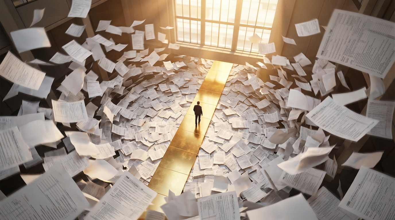   Visual metaphor for Schedule K-2 and K-3 filing exceptions showing a clear path through chaotic tax paperwork. 
