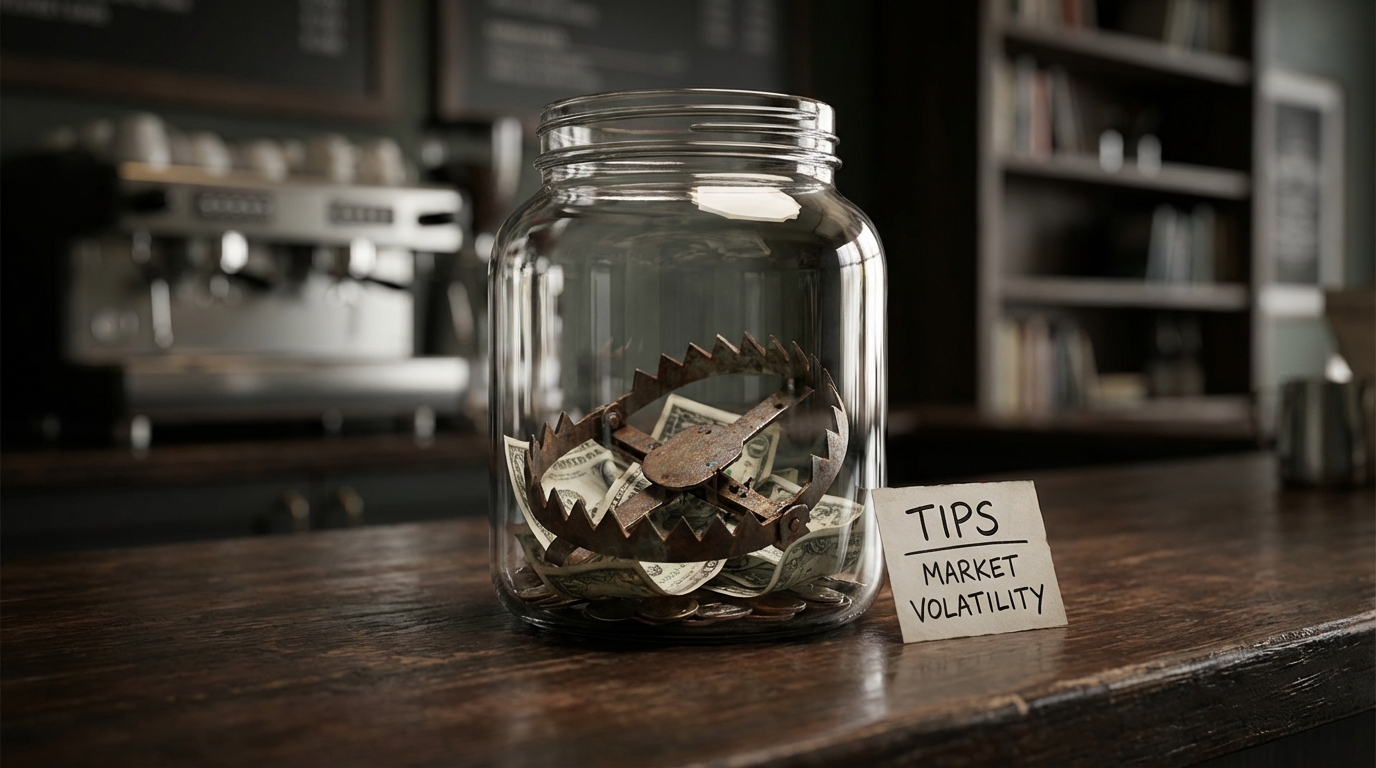   Glass tip jar containing a hidden bear trap mechanism, symbolizing the 2025 No Tax on Tips self-employment tax liability trap. 