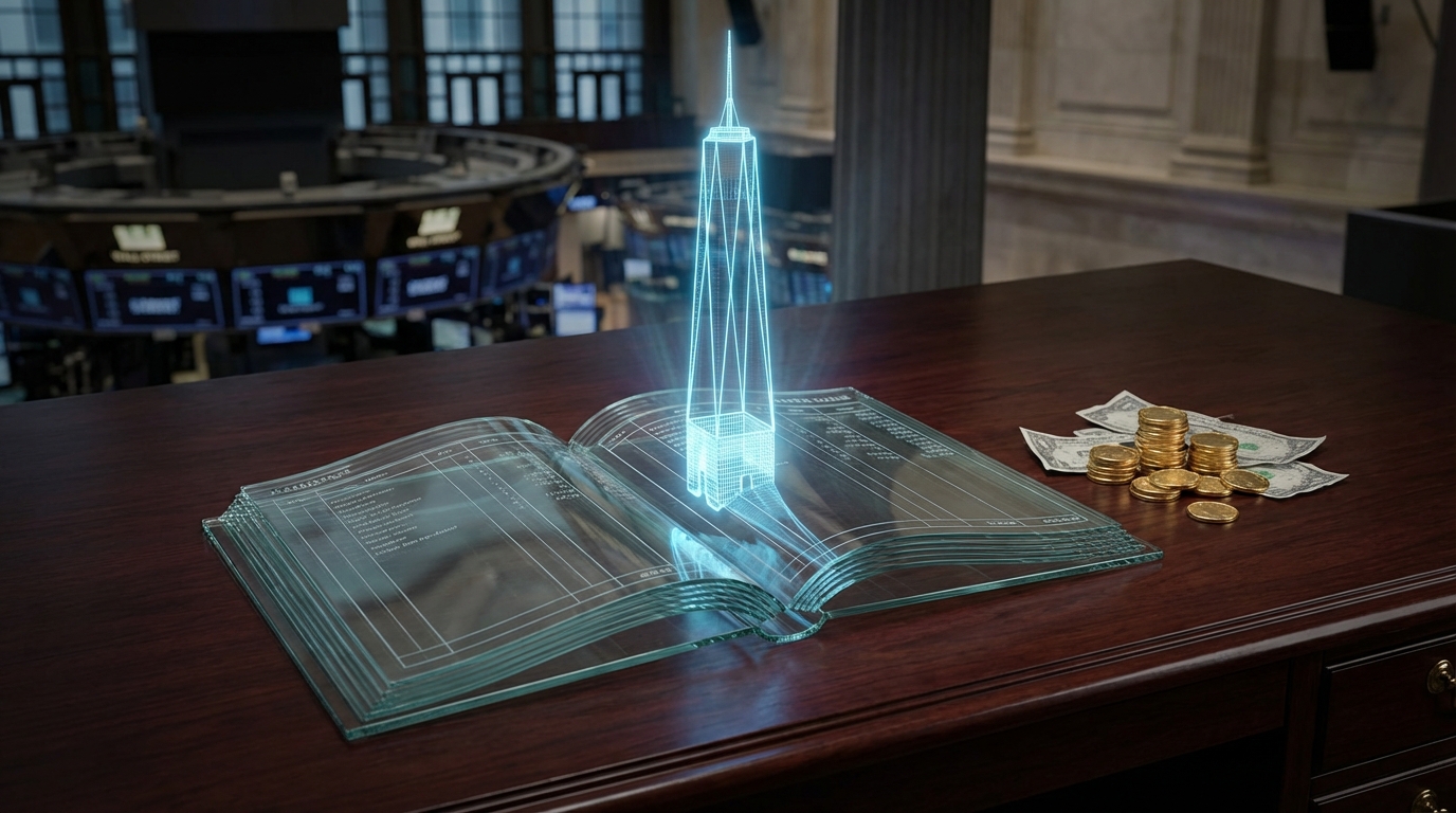   Visual metaphor for Phantom AFSI showing a glowing ghostly skyscraper rising from a ledger book representing unrealized paper gains versus actual cash assets. 