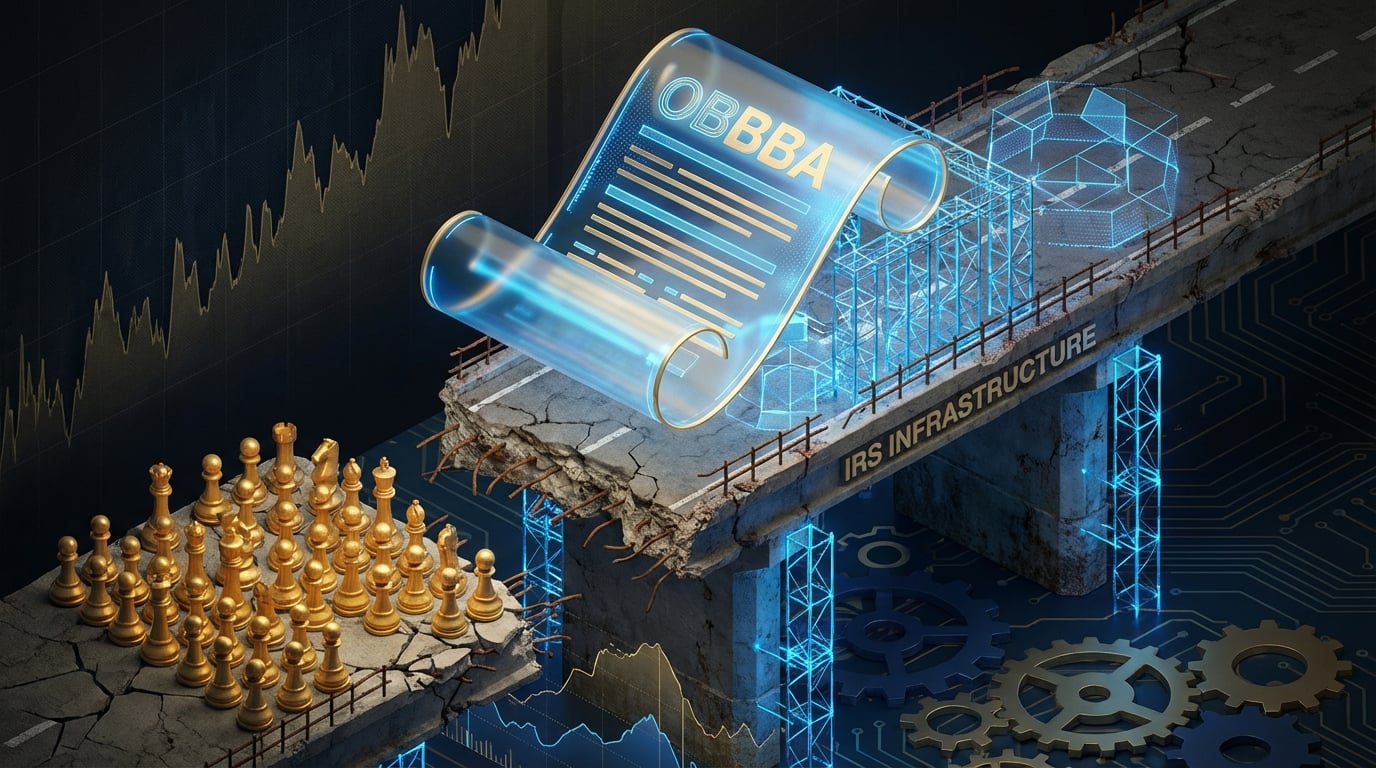   Illustration of the 2025 OBBBA Compliance Gap showing the disconnect between new tax laws and IRS filing infrastructure. 