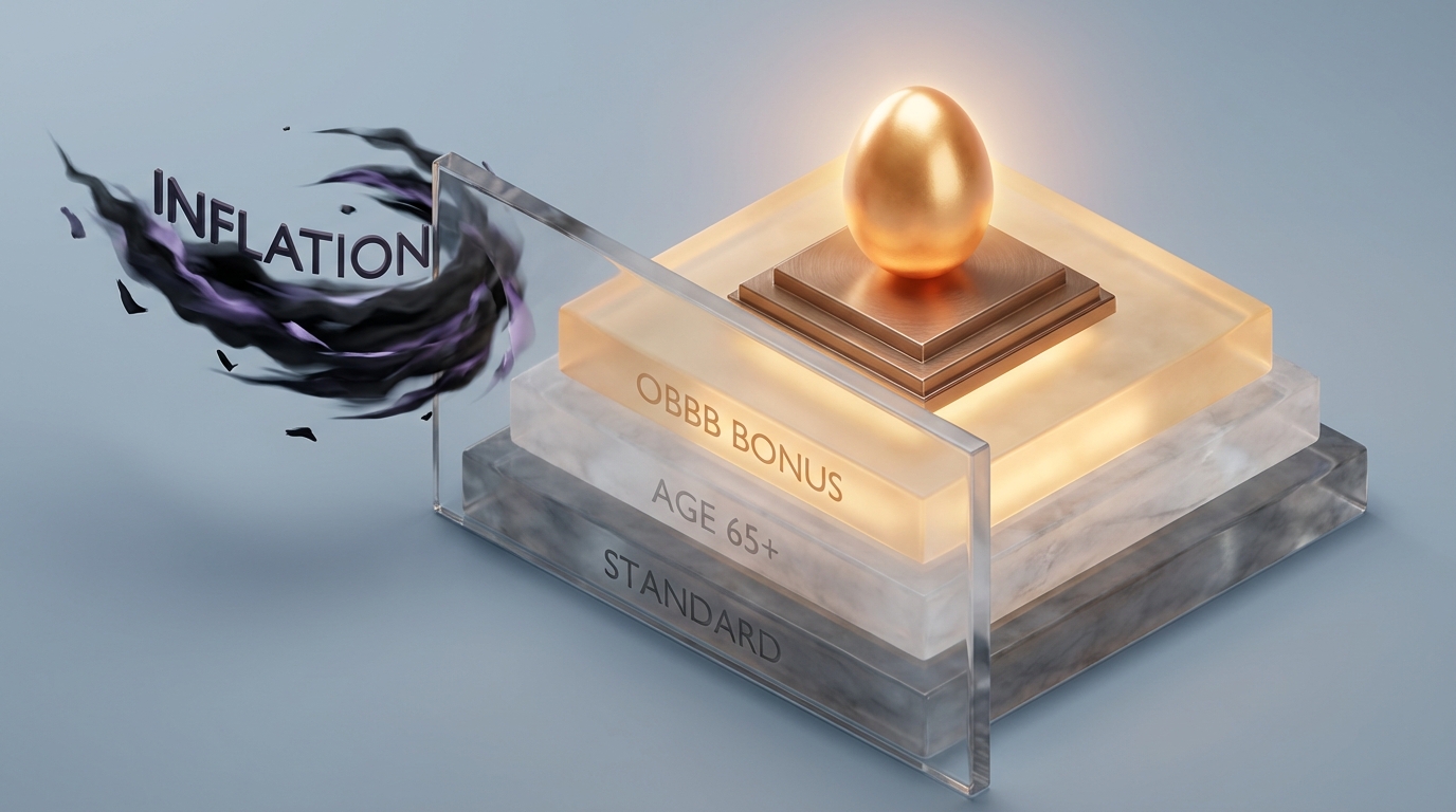   3D illustration showing the 2026 stackable standard deduction for seniors, featuring three layers of tax protection shielding a retirement nest egg from inflation. 