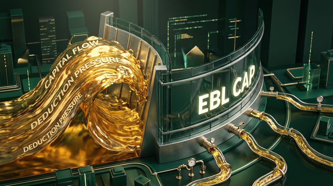   Visual metaphor for Tax Loss Carryforward Rules 2025 showing a golden wave of bonus depreciation hitting a glass wall representing the $626k Excess Business Loss cap. 