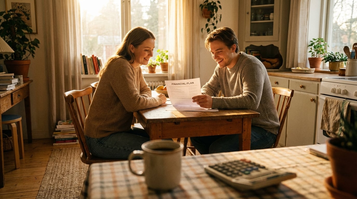   Parents reviewing the 2025 Child Tax Credit income limits and eligibility chart at a kitchen table. 