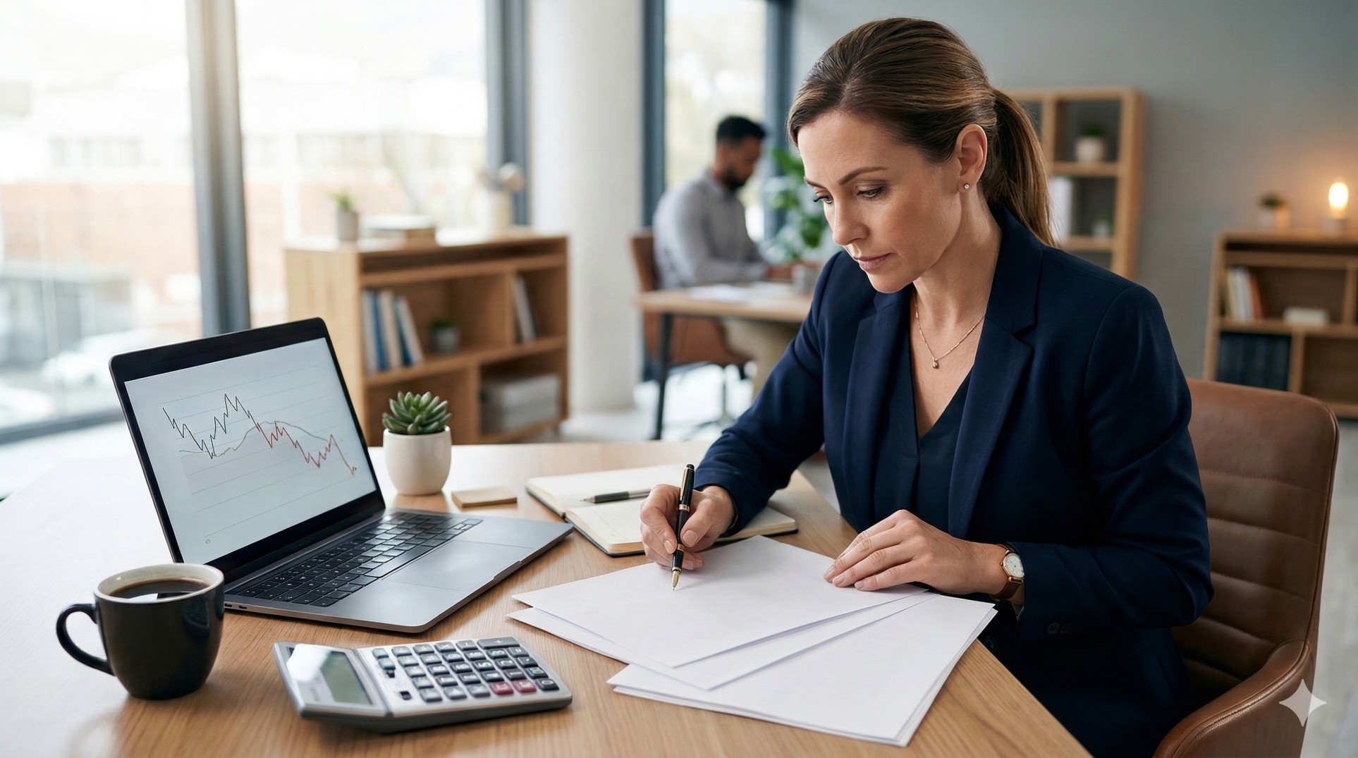   A tax professional reviewing documents to prepare for the 2025 standard deduction and the TCJA tax cliff. 