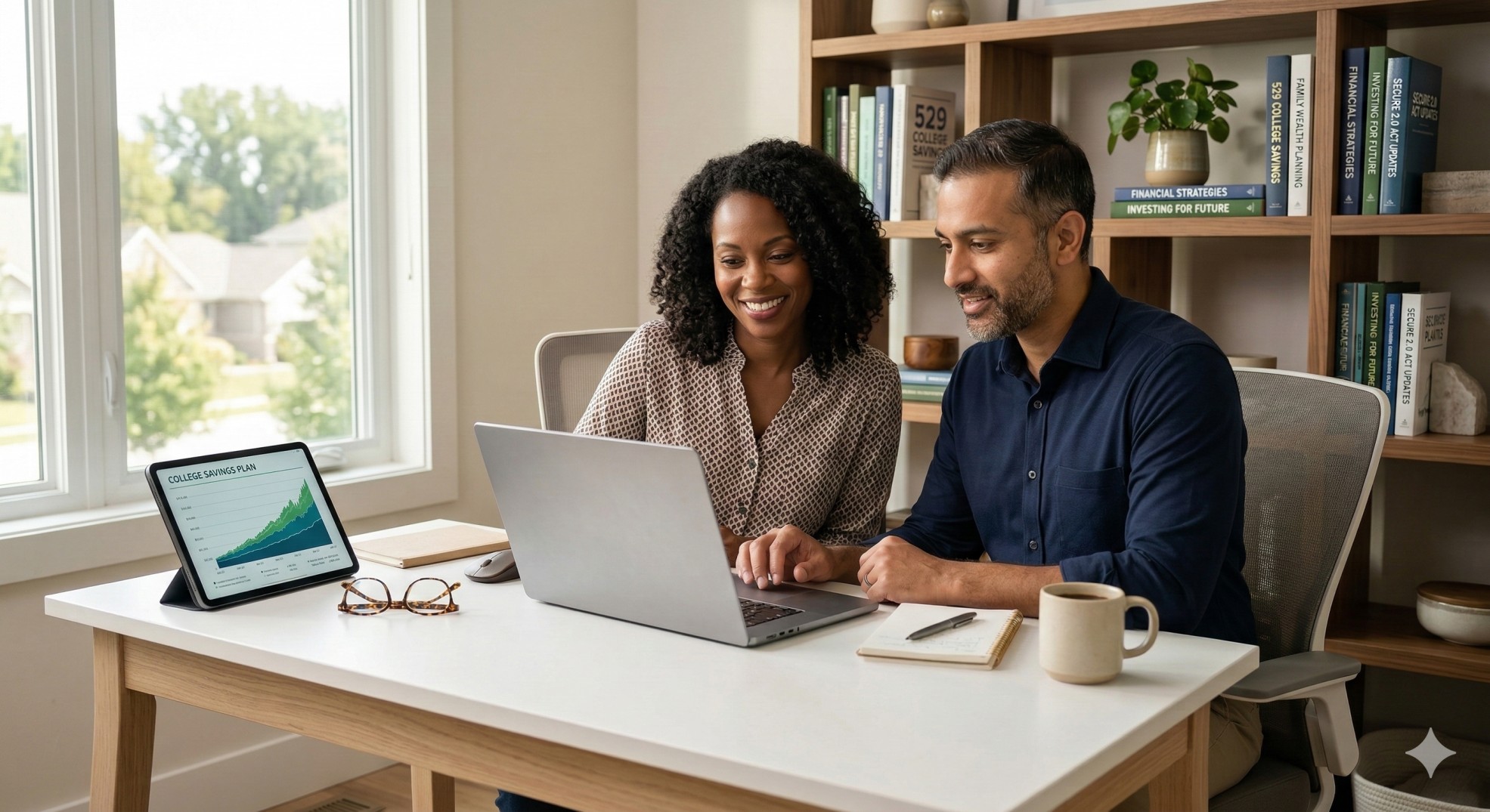   A couple performing an Illinois 529 plan comparison on their laptop to optimize their child's college savings. 