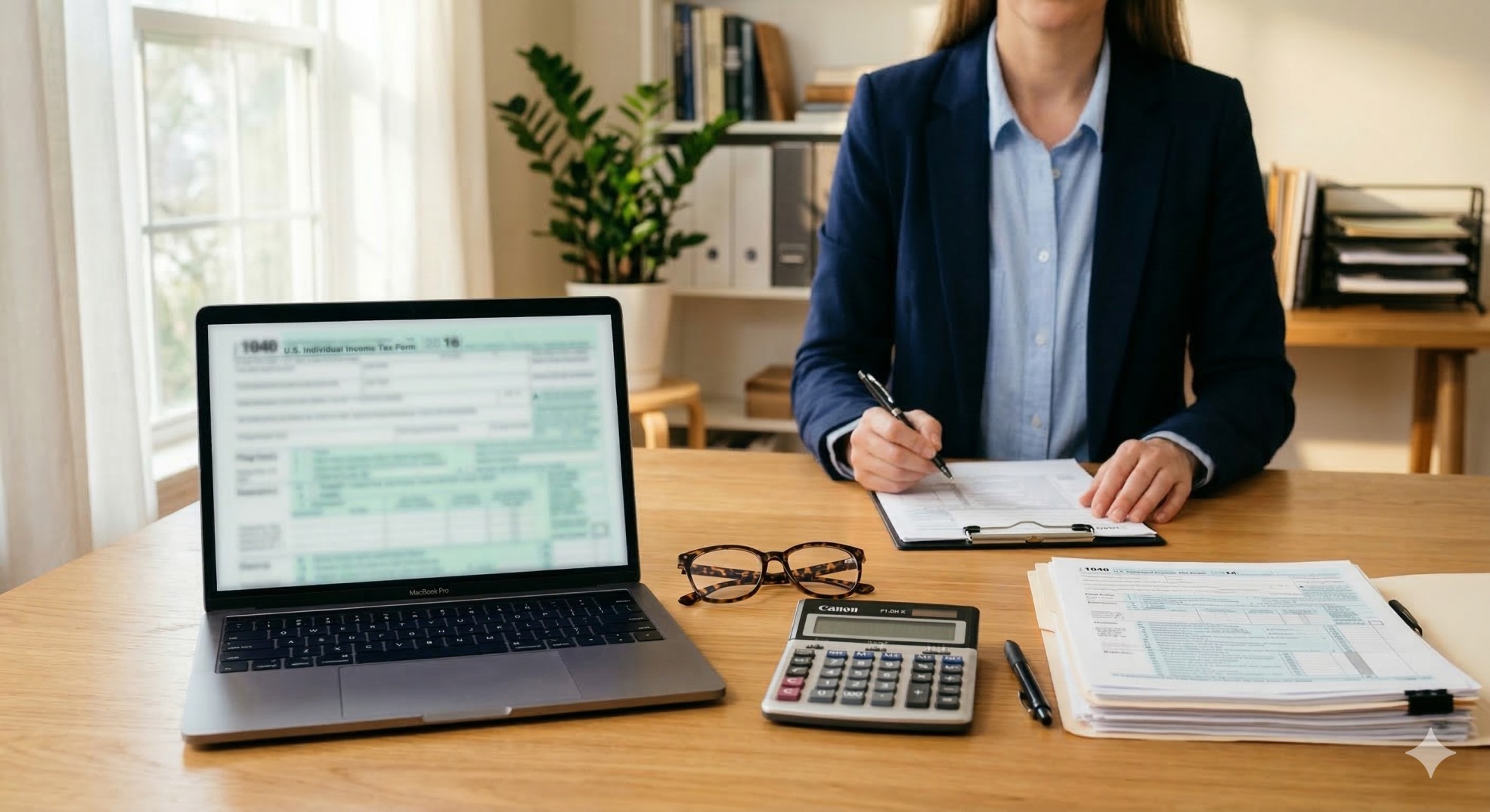   Professional tax strategist reviewing a Superseding Return document in a modern office. 