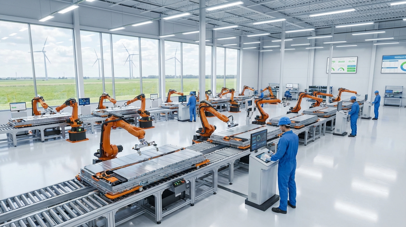  A modern facility for Battery & Electric Vehicle (EV) Manufacturing License in Illinois showing robotic assembly lines. 