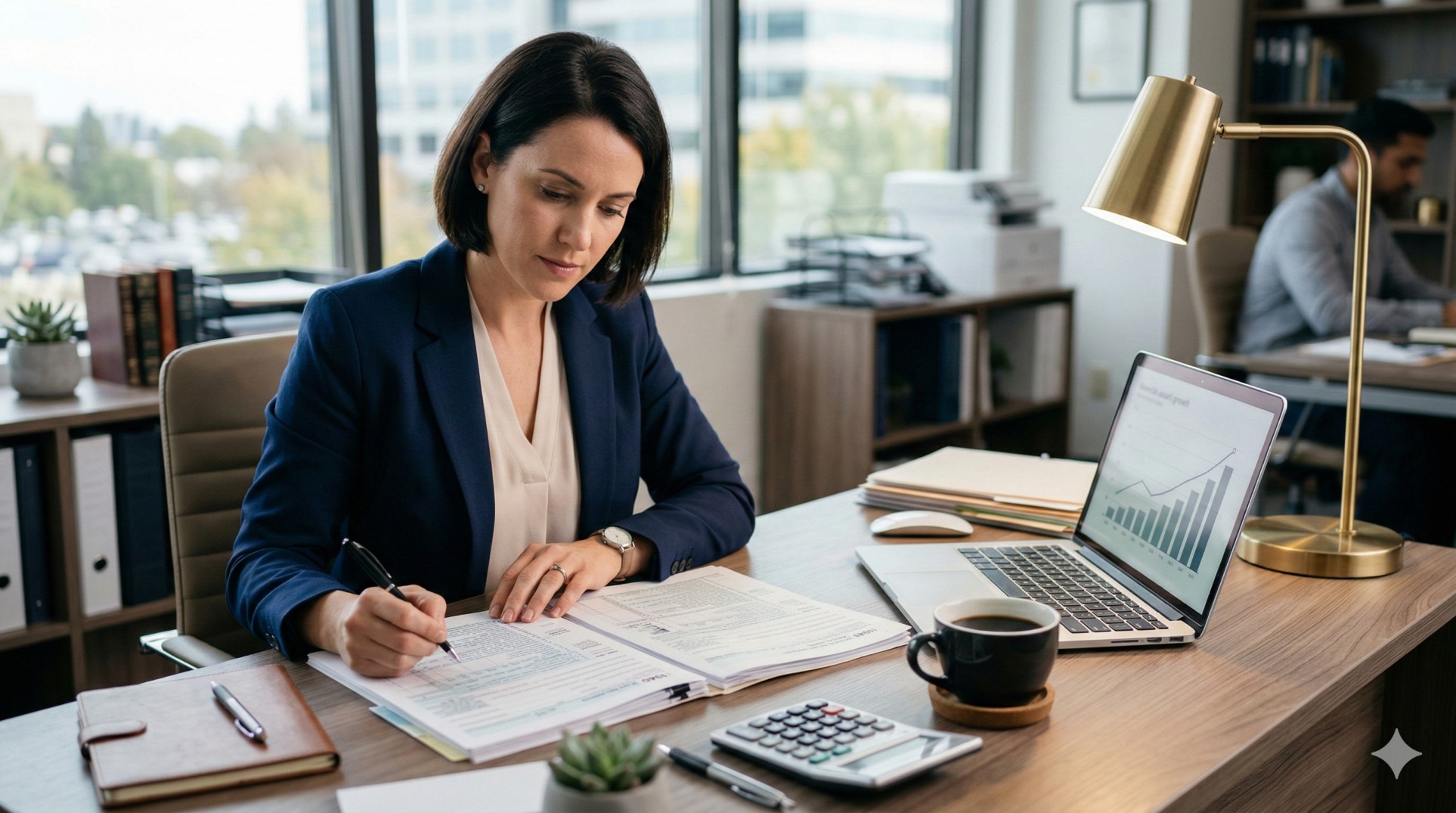   A tax professional reviewing documents to calculate clean vehicle credits for a client. 