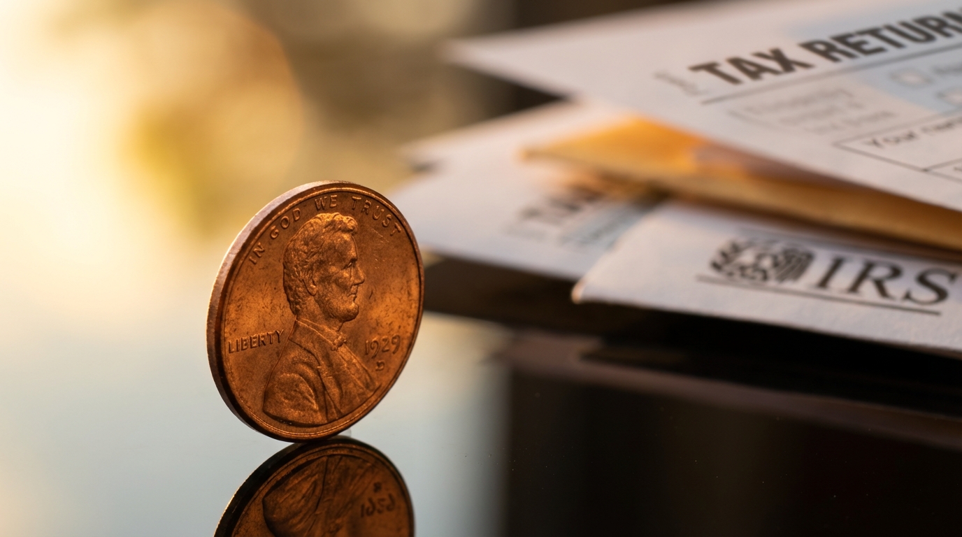   Macro shot of a penny balancing on documents, symbolizing the Earned Income Tax Credit 2025 financial balance and refund maximization. 