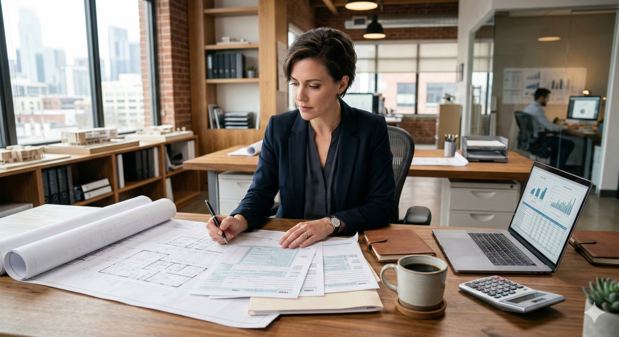  A professional architect reviewing blueprints to claim the energy efficient commercial buildings deduction. 