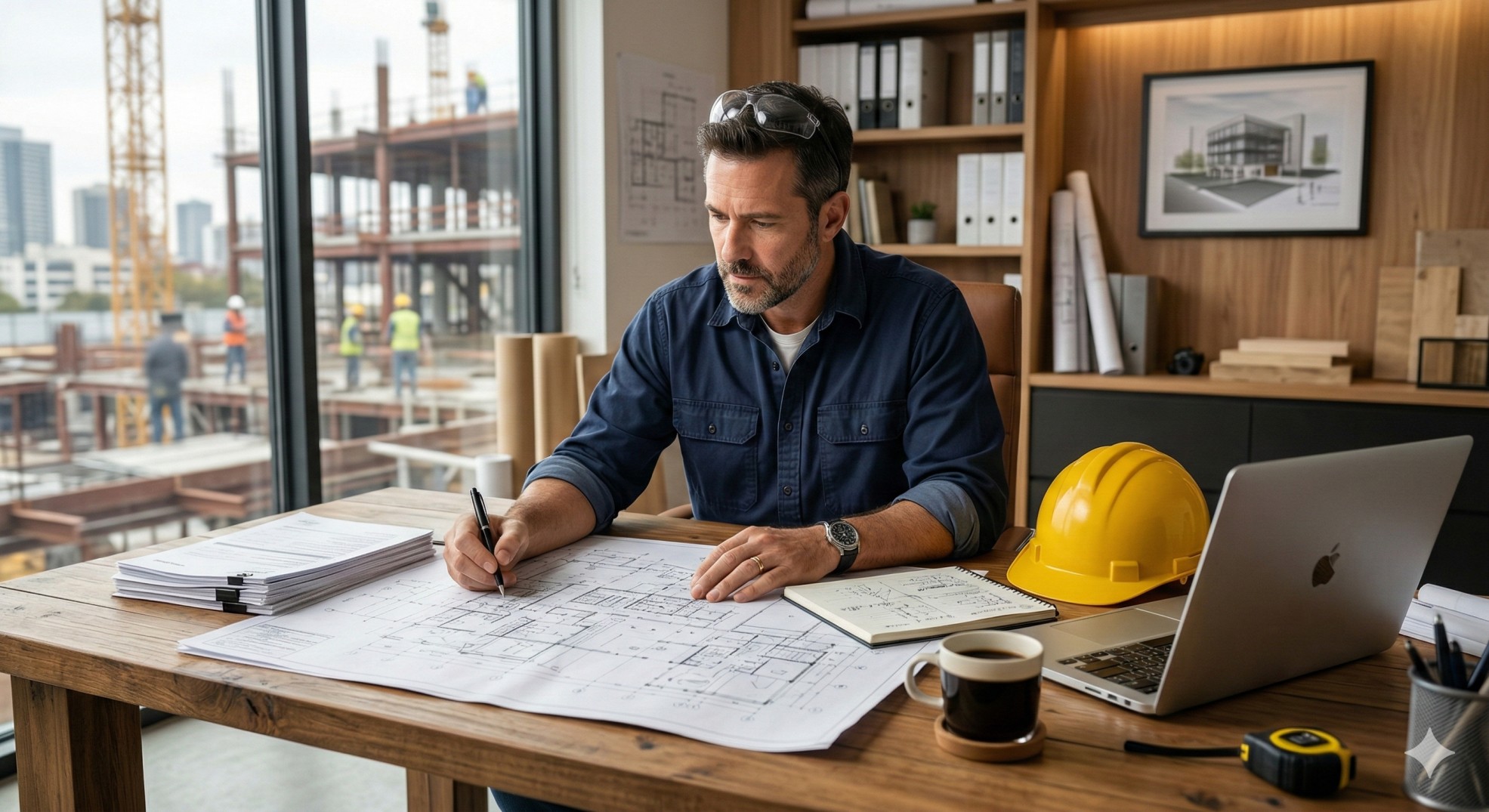   A professional contractor reviewing blueprints to claim the energy efficient home credit. 