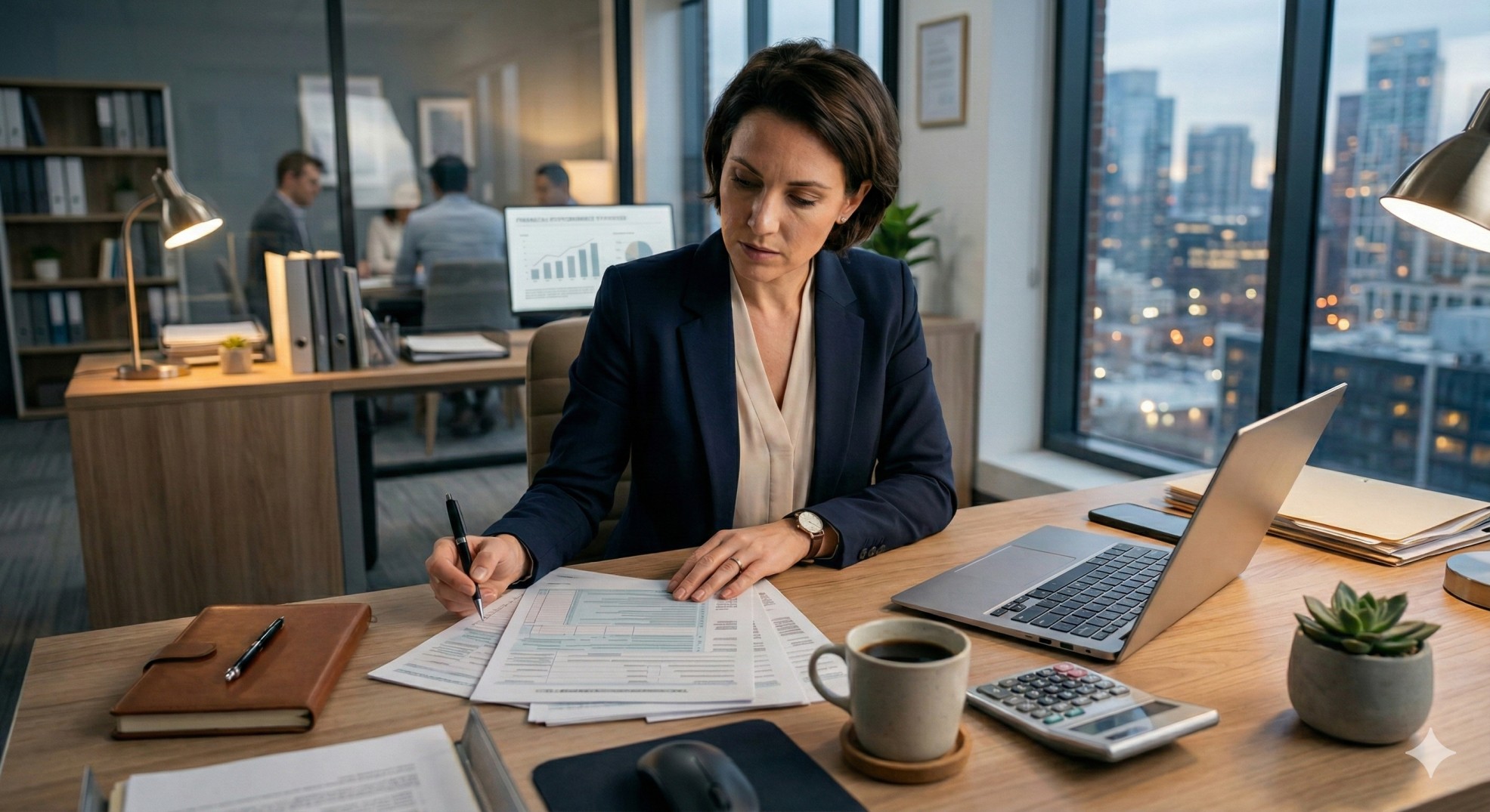   A tax professional reviewing documents to calculate home energy tax credits for a client. 
