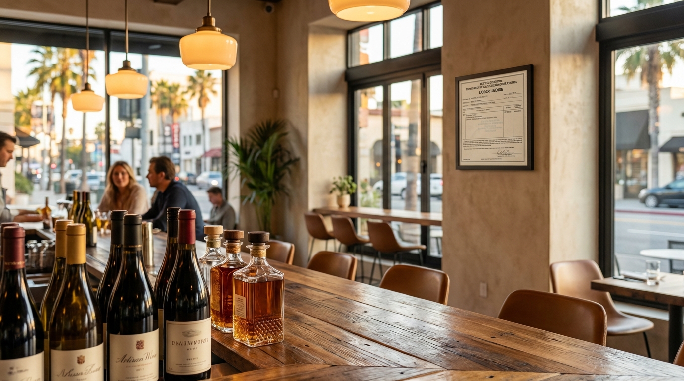   A professional display of a liquor license in California inside a modern restaurant bar. 