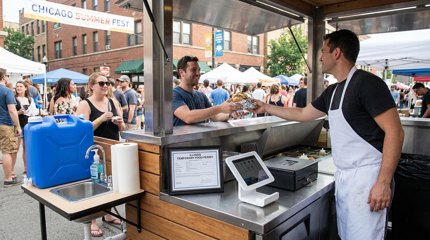    A vendor displaying an Illinois Temporary Food Permit at a local food pop-up event. 