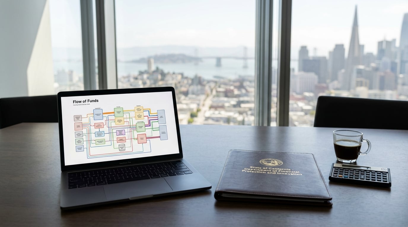   A professional desk setup representing the California Money Transmitter License application process. 