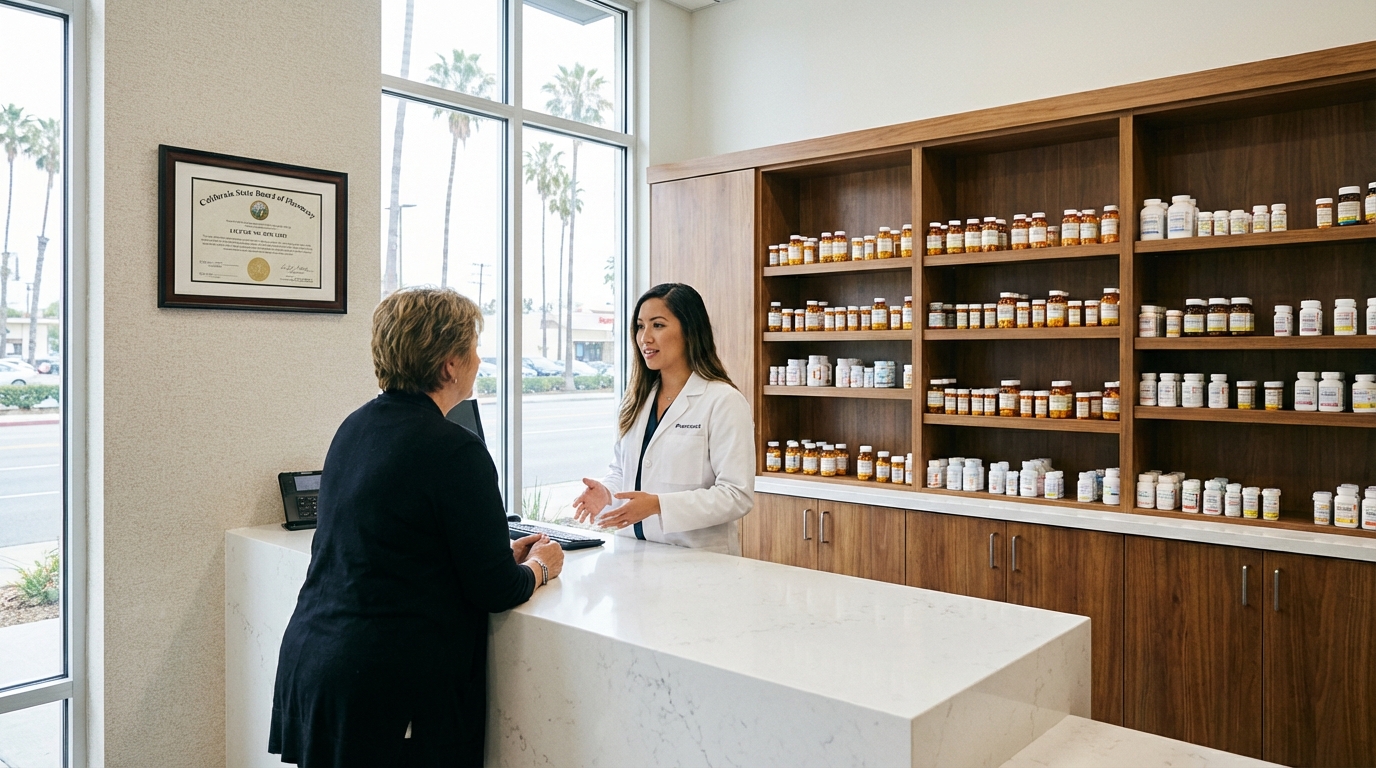   A California Pharmacy License certificate displayed in a modern pharmacy. 