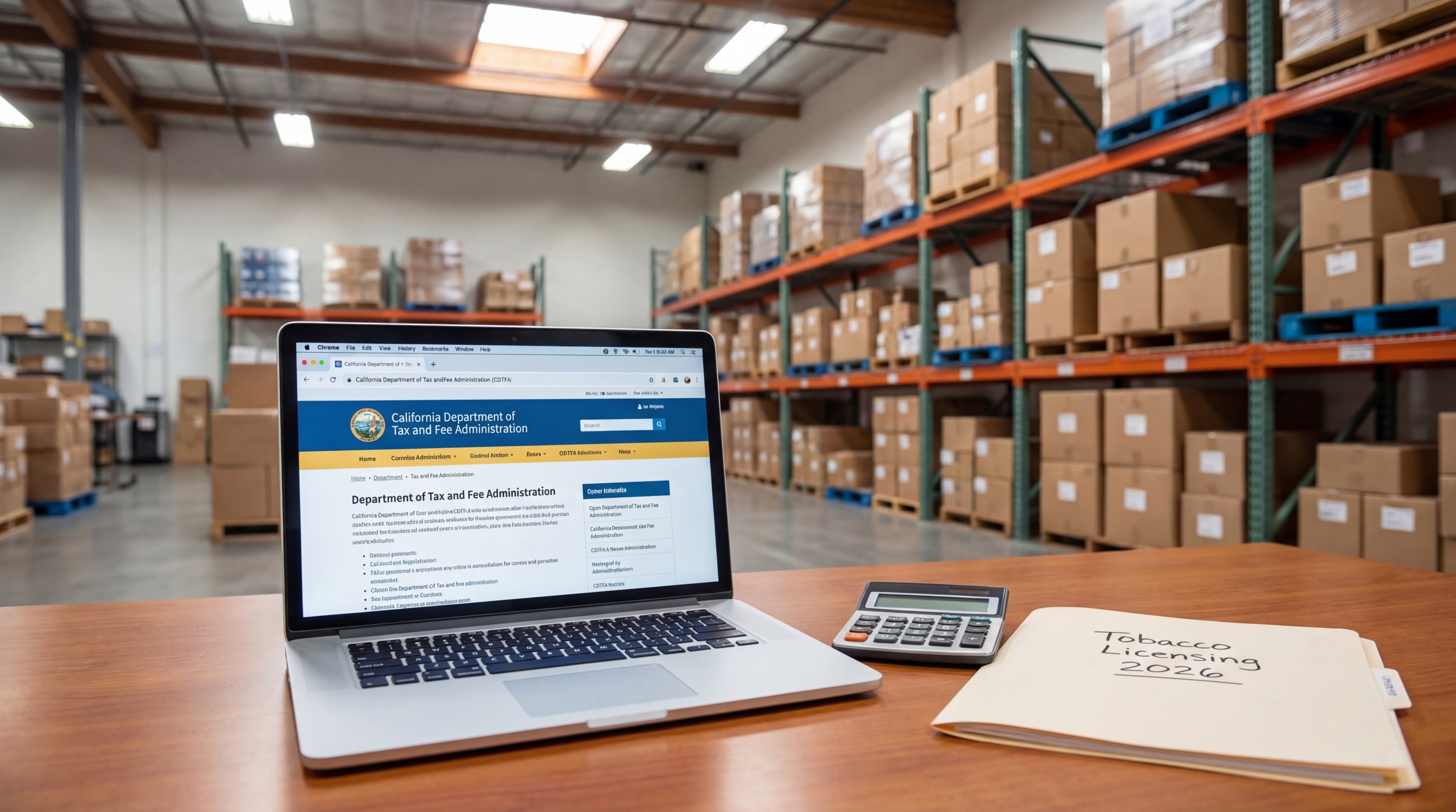   A professional desk setup for applying for a Tobacco Wholesale License in California.