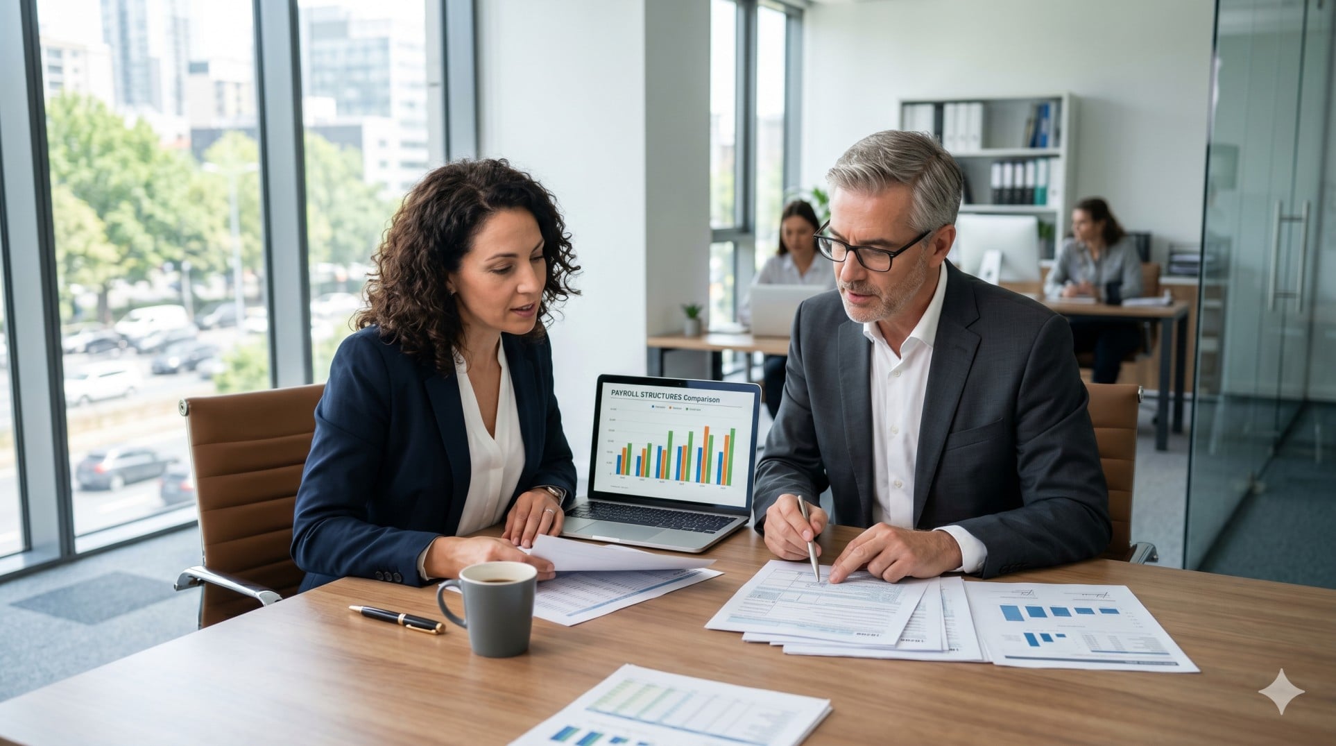   A business owner and CPA discussing 1099-NEC vs W-2 worker classification to avoid IRS penalties. 