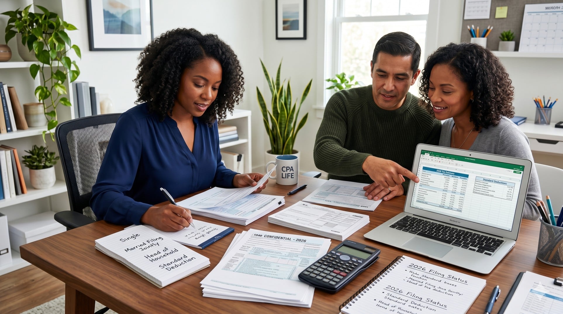   Taxpayers reviewing paperwork and a calculator while comparing the 2026 standard deduction for different filing statuses