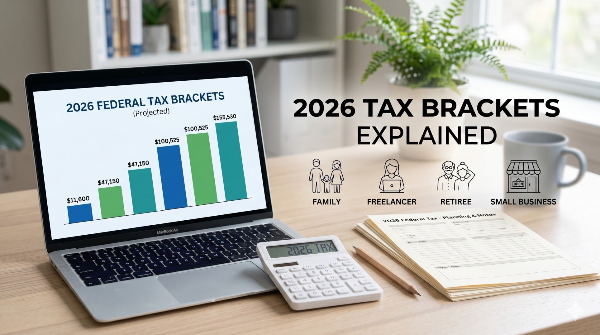   Calculator, laptop, and IRS-style tax papers illustrating 2026 tax brackets for U.S. taxpayers. 