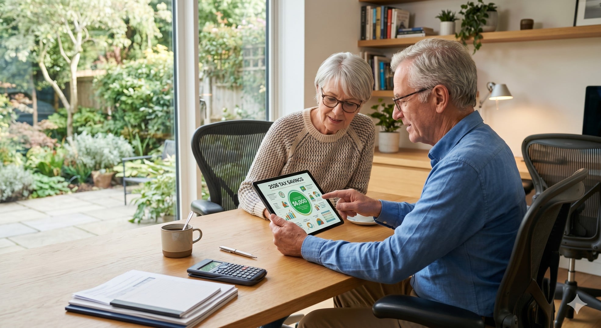   A senior couple reviewing the 2026 senior tax deduction with a CPA on a digital tablet. 