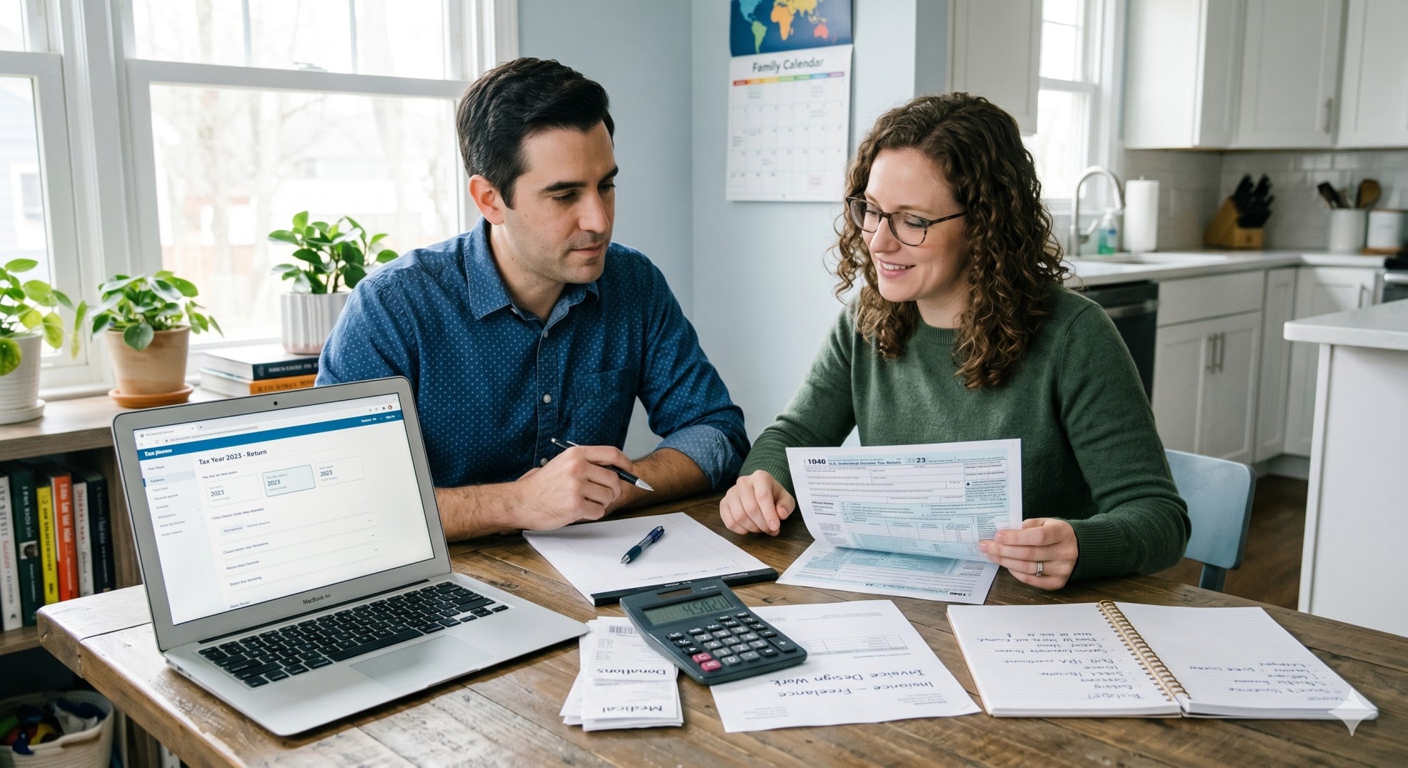   U.S. taxpayers reviewing tax documents, a laptop, and a calculator while preparing for 2026 tax changes before the 2027 filing season 