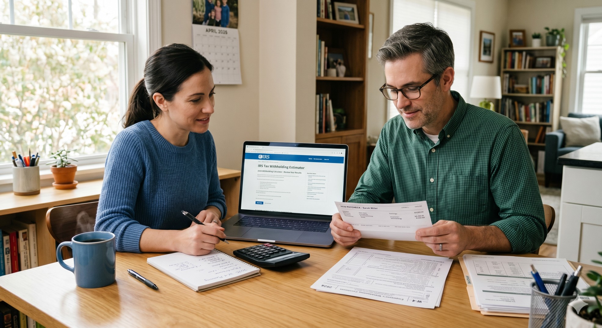   Employee reviewing paycheck, W-4 paperwork, calculator, and laptop while deciding on 2026 W-4 withholding 