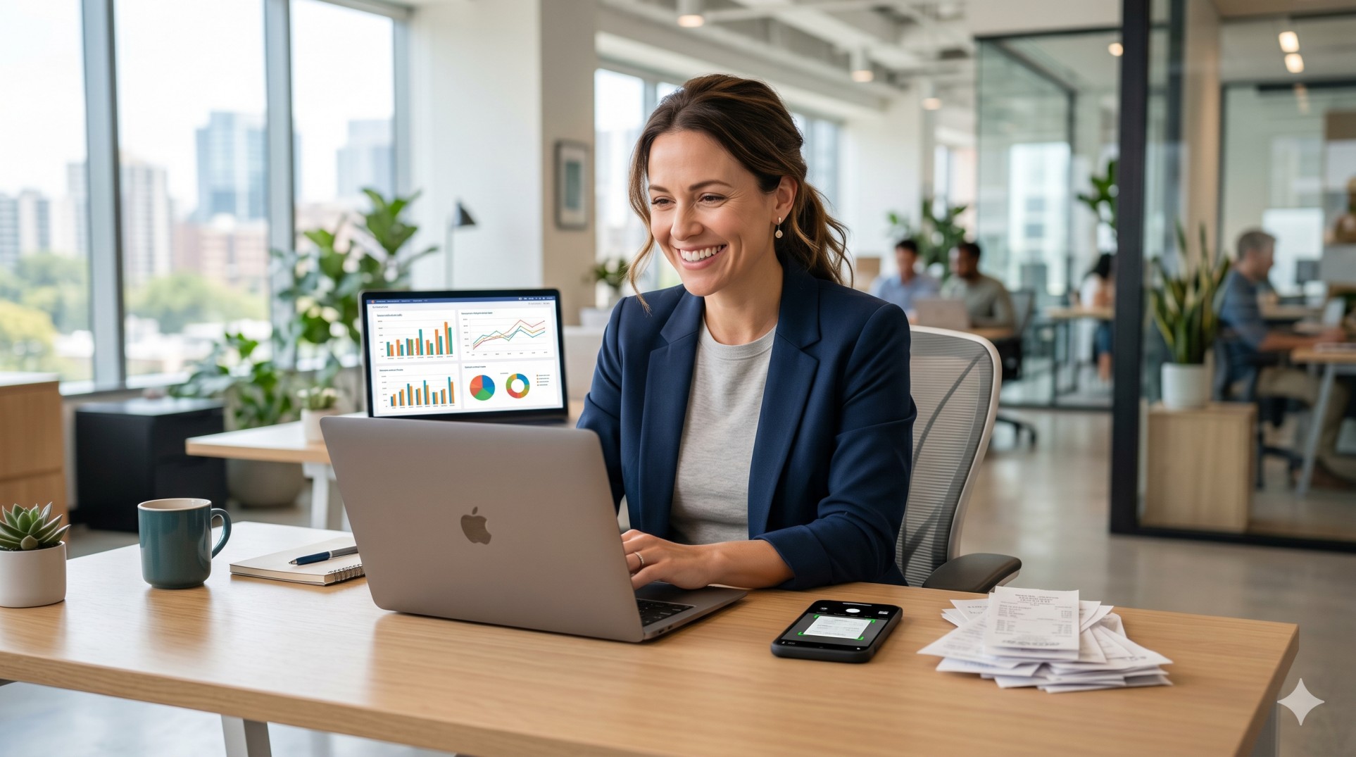   A small business owner using AI bookkeeping automation to scan receipts and track finances on a laptop. 