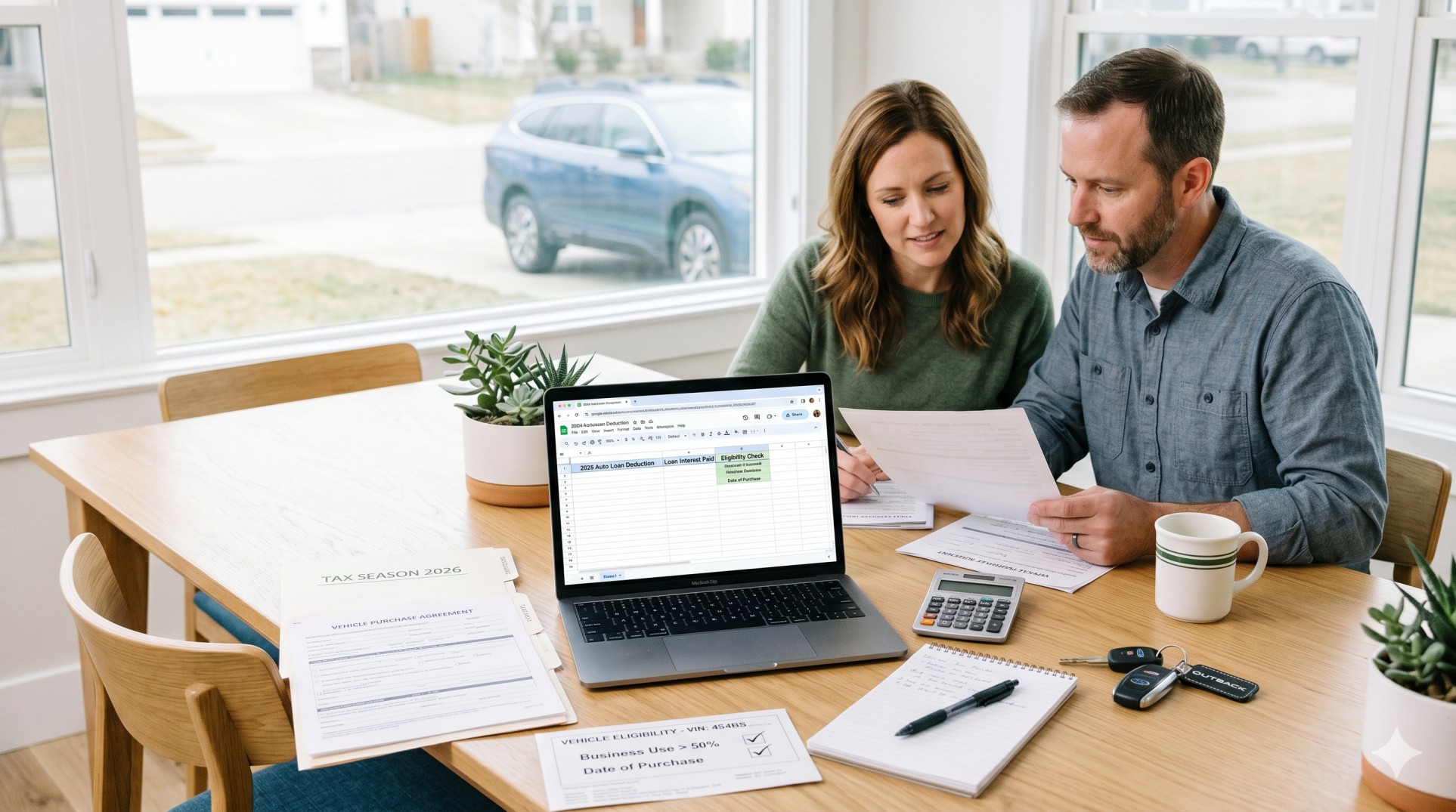   Couple reviewing car loan paperwork, calculator, and tax documents for the 2026 auto loan interest deduction 