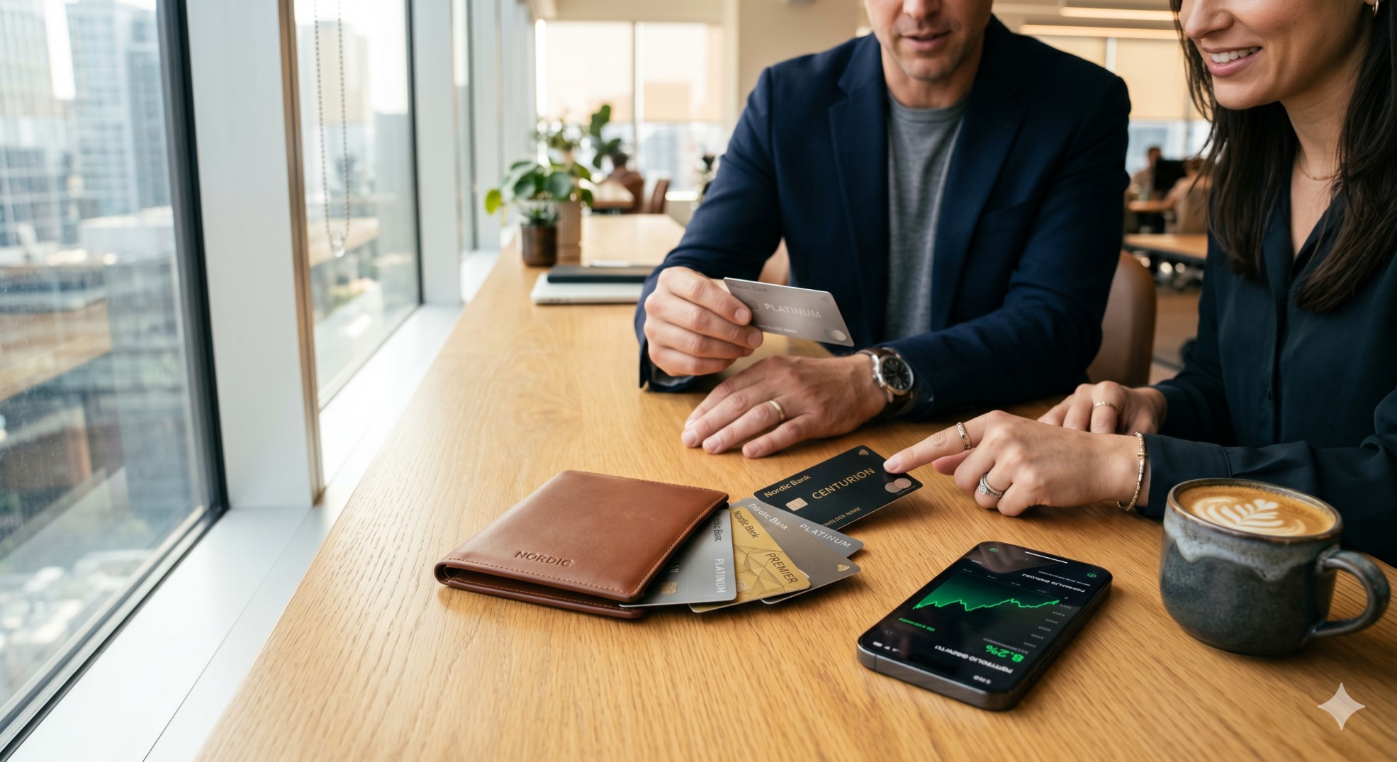  A sleek leather wallet on a wooden desk with premium credit cards fanned out, representing the best credit cards of 2026 for travel and cash back. 