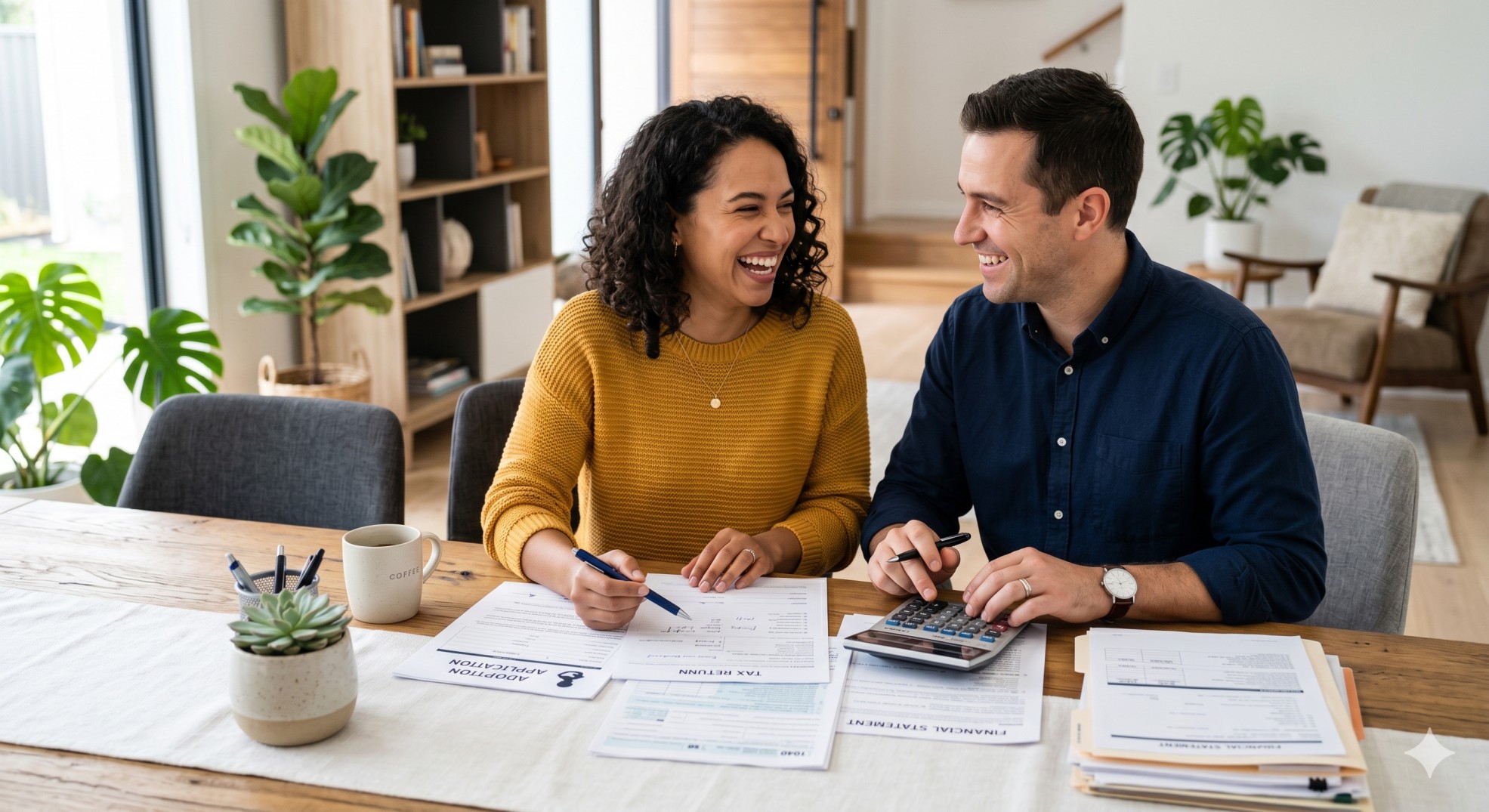   A family calculating their California child adoption tax credit using state tax forms and adoption agency receipts. 