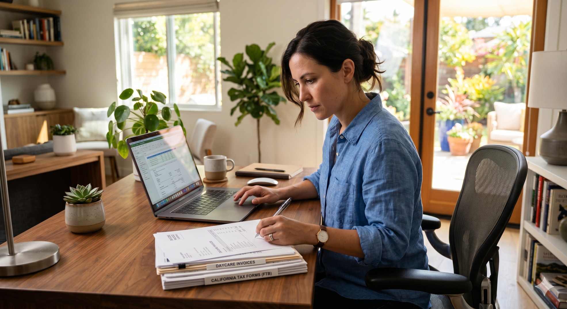   A California taxpayer calculating their California child care tax credit 2026 using daycare receipts and FTB Form 3506. 