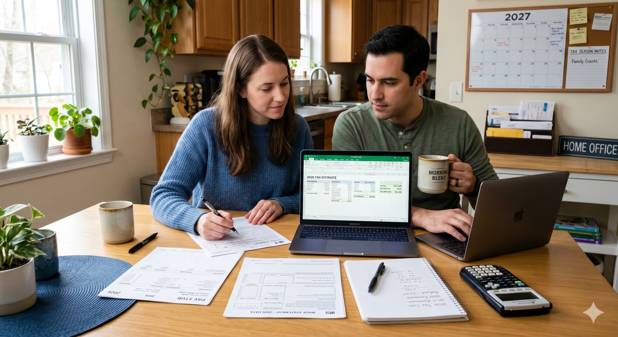   Wage earner reviewing pay stubs, tax papers, calculator, and laptop while estimating a 2026 tax refund before filing in 2027 