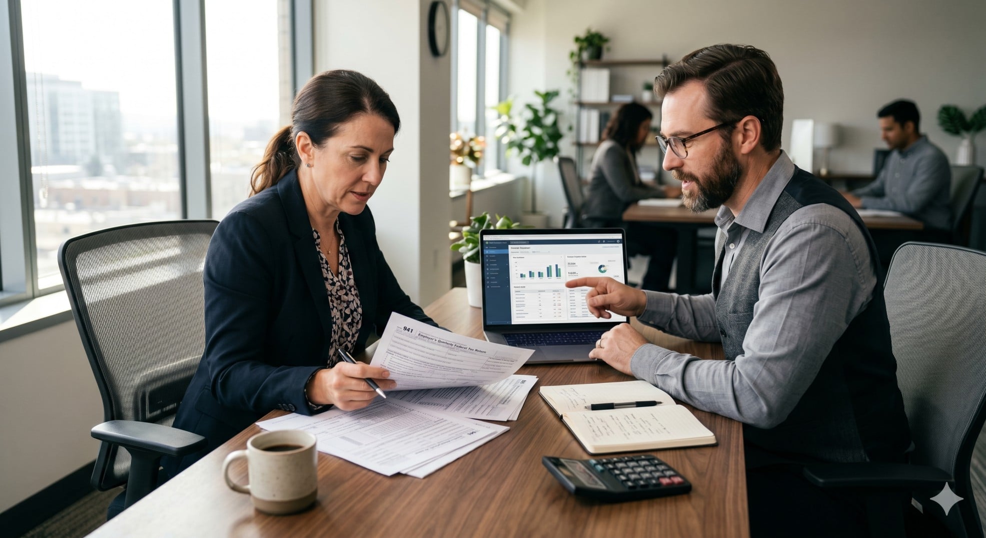   A CPA and business owner discussing Form 941 vs. 944 for payroll tax compliance. 