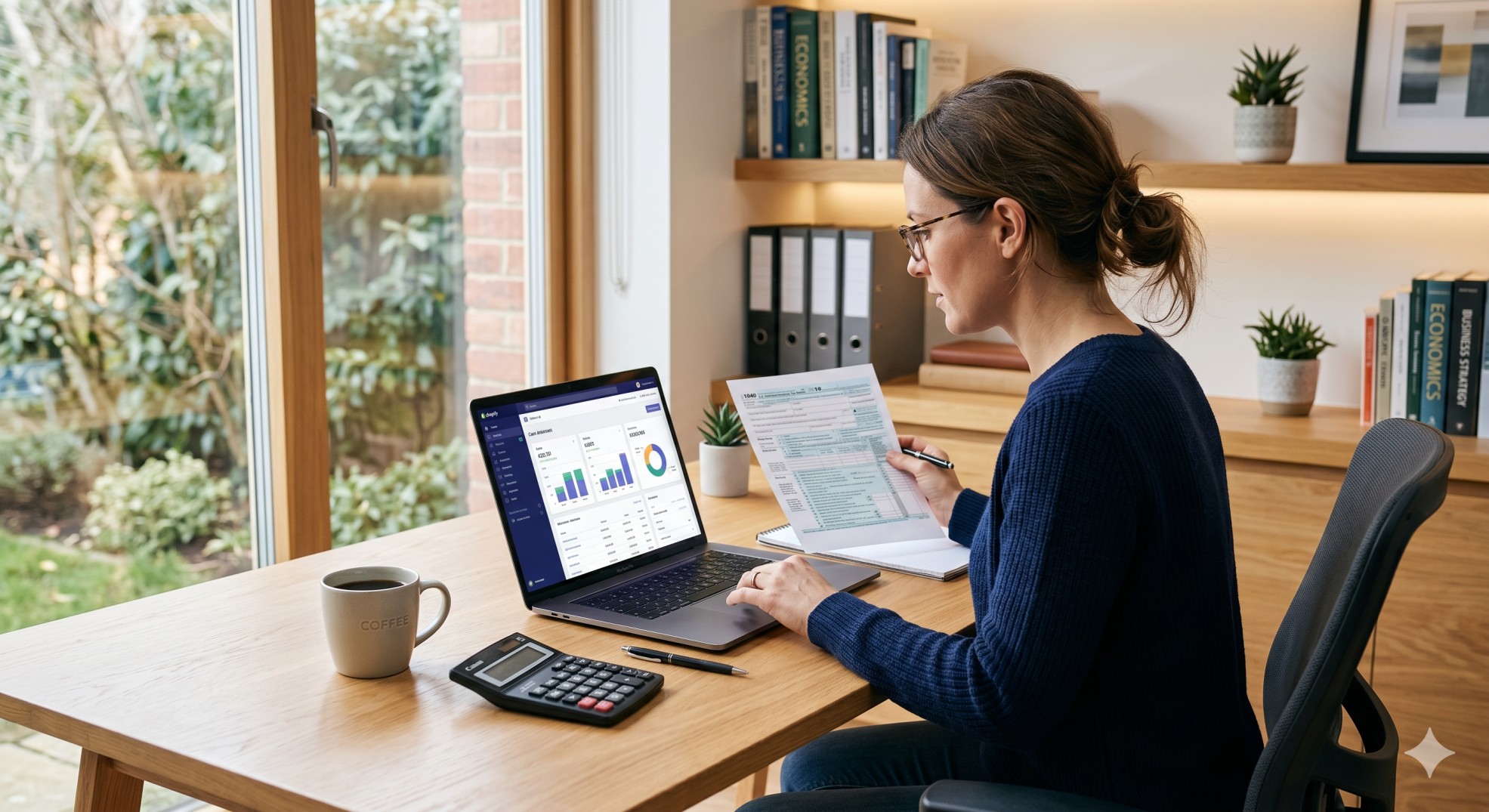   An e-commerce business owner learning how to calculate quarterly estimated taxes on a laptop. 