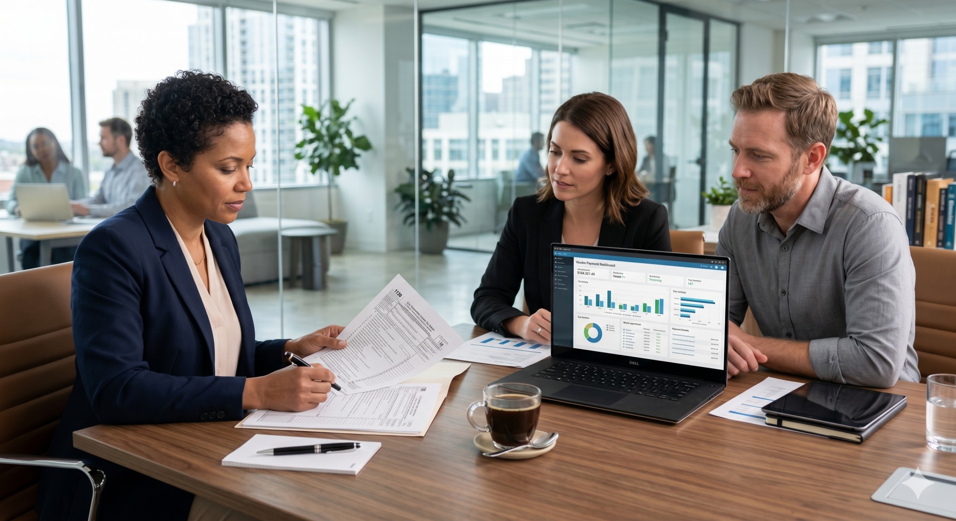   A business owner and CPA discussing how to file Form 1099-NEC for independent contractors. 