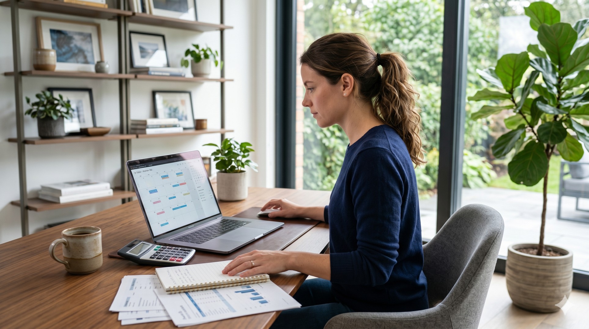   Desk with laptop, calculator, calendar, and IRS estimated tax payment forms for 2026 tax planning. 