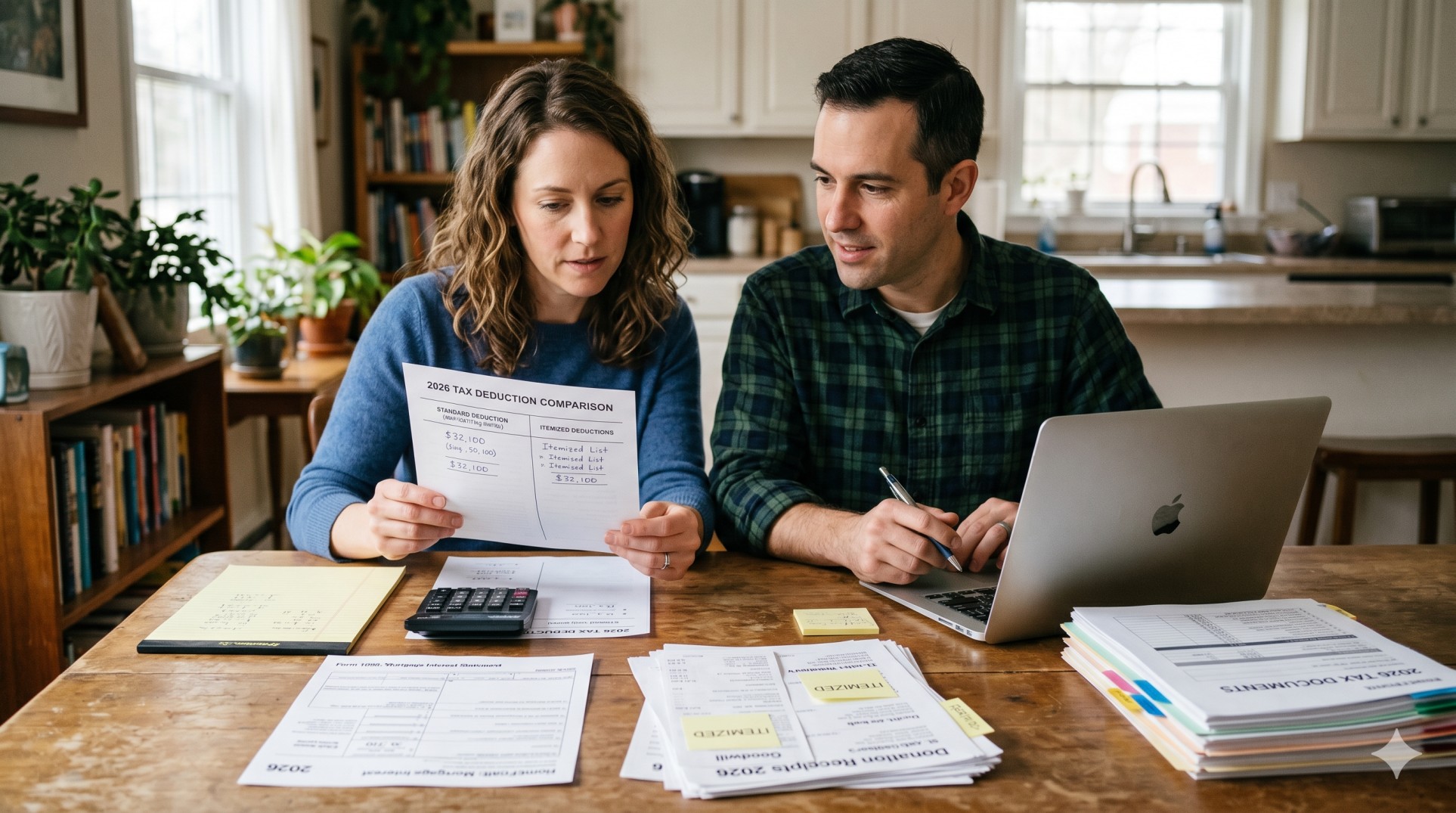   Taxpayer comparing itemized deductions and standard deduction worksheets for 2026 tax planning 