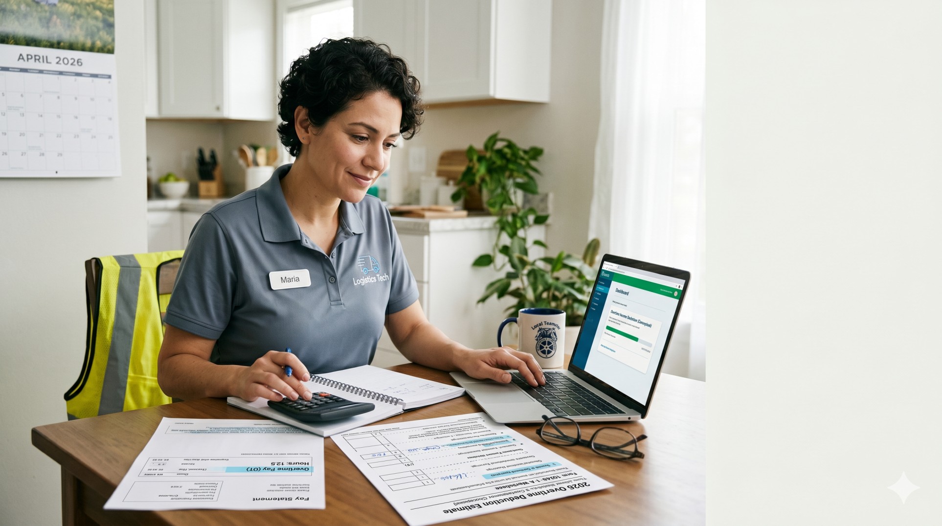   Hourly worker reviewing pay stub, calculator, laptop, and tax documents for the no tax on overtime 2026 deduction 