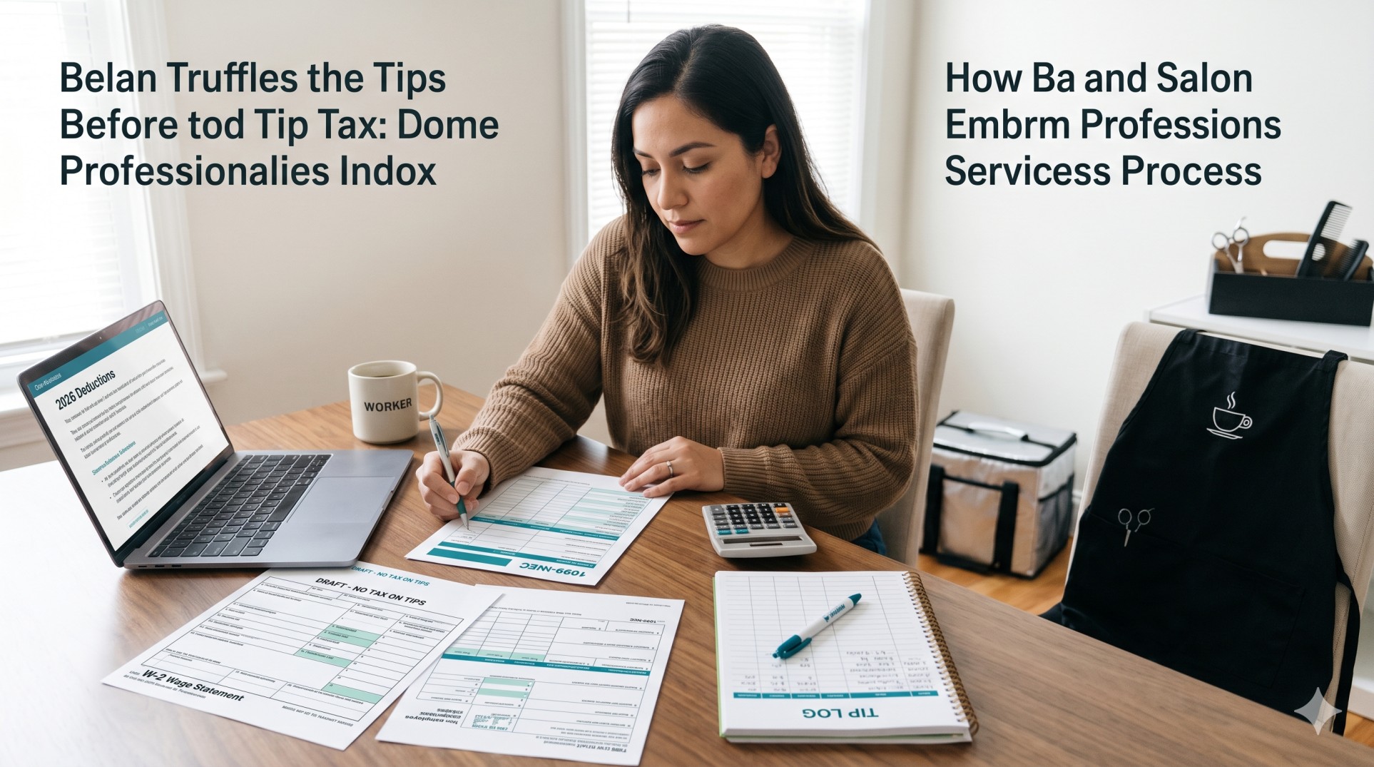   Tipped worker reviewing tax documents, calculator, and W-2 and 1099 forms for the no tax on tips 2026 deduction 
