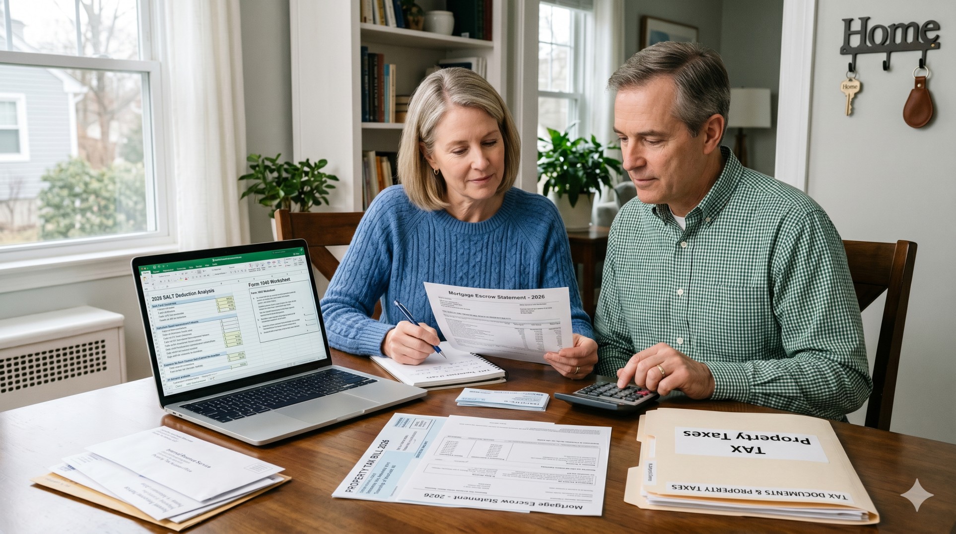   Homeowner reviewing property tax bills and tax documents for the SALT deduction 2026 