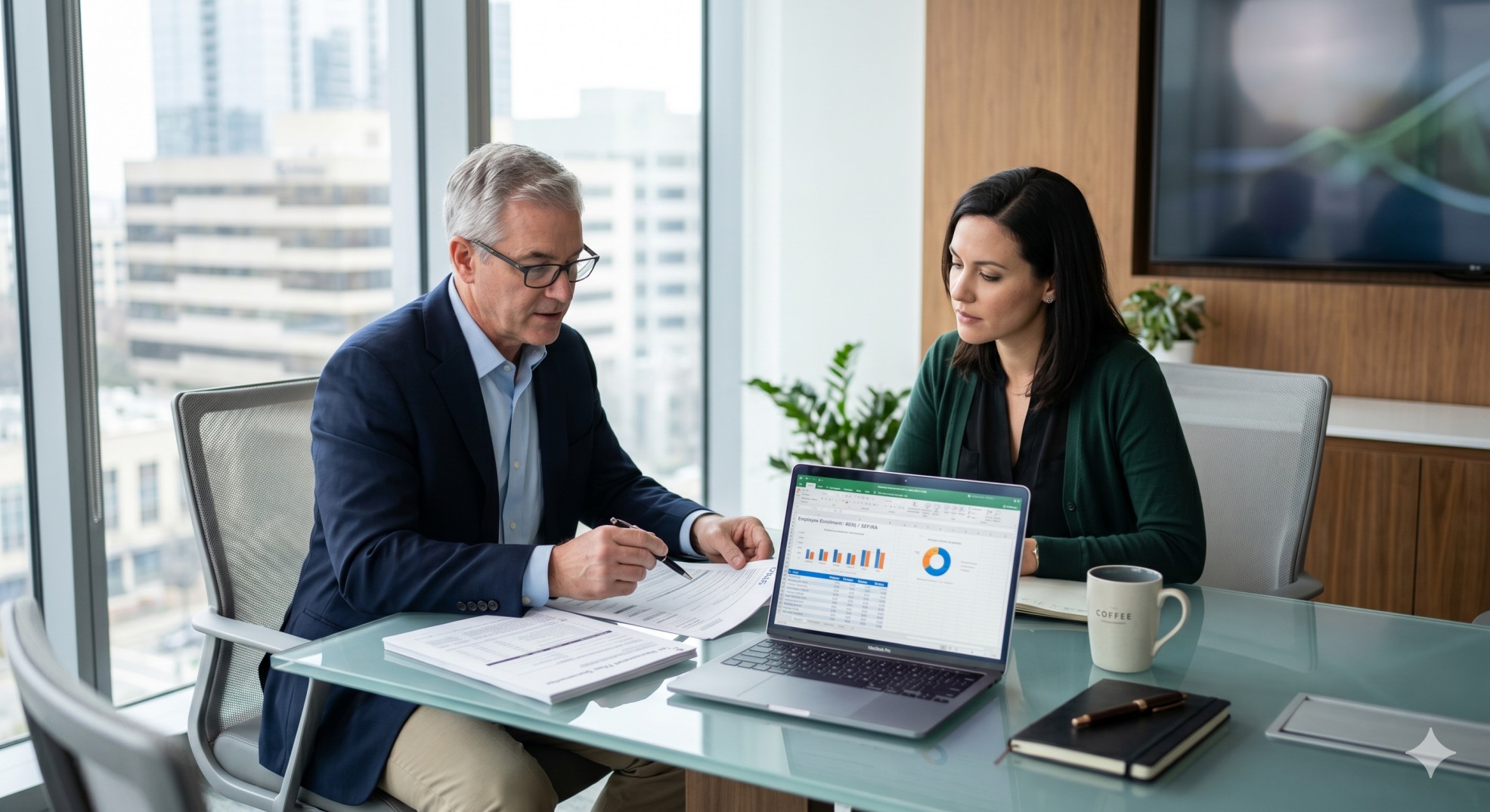   A CPA and business owner discussing SECURE 2.0 Act auto-enrollment requirements for a company 401(k) plan. 