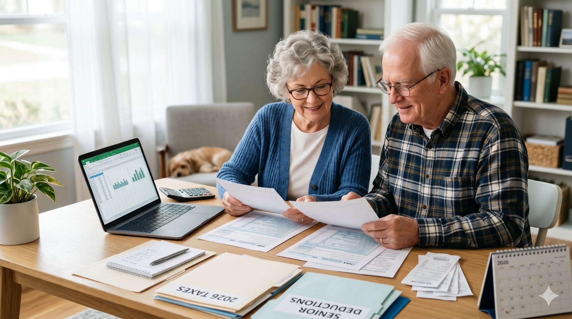   Retired couple reviewing tax forms, calculator, and laptop while planning the senior deduction 2026 on a federal tax return. 