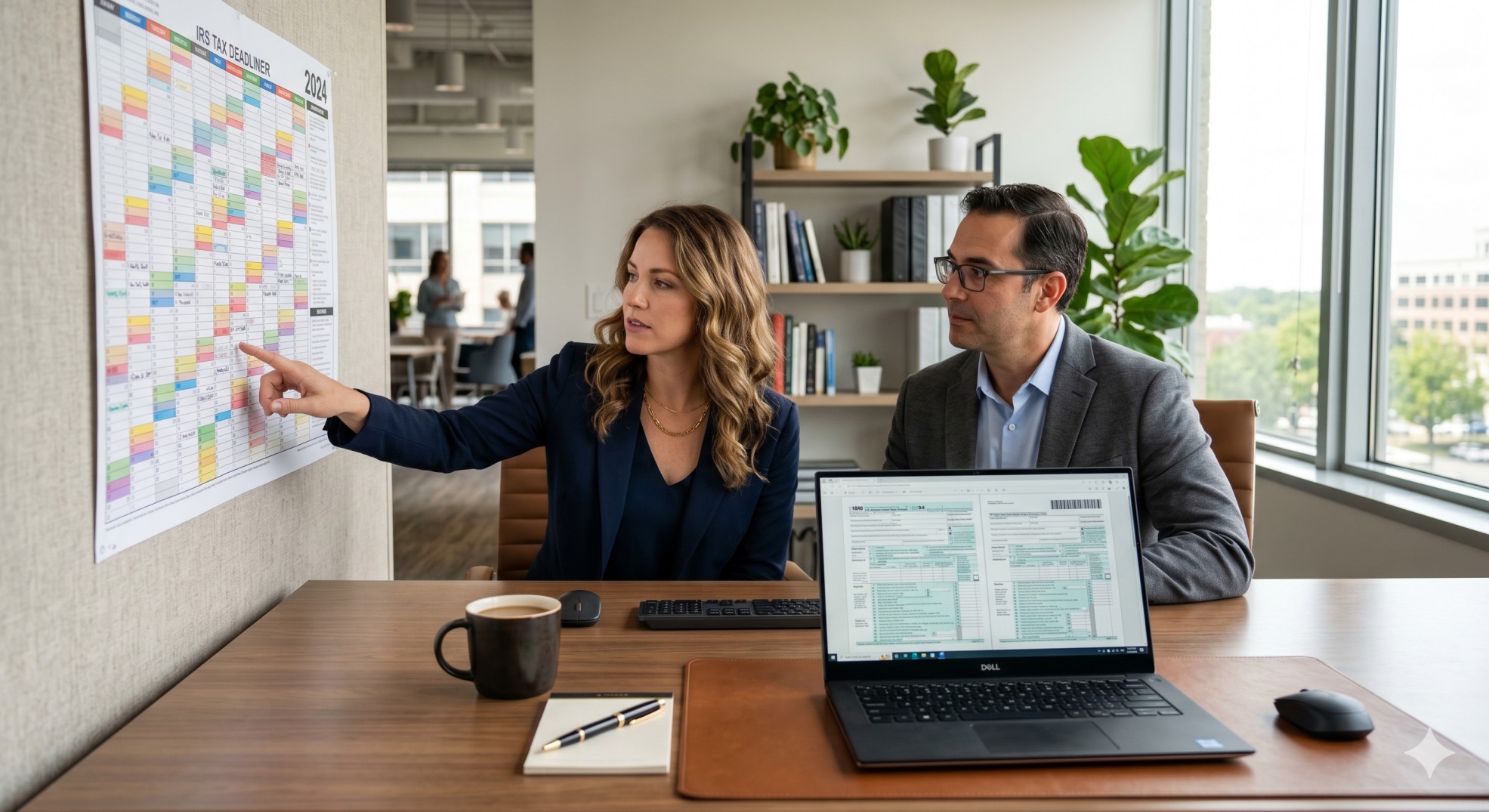   A CPA and business owner reviewing a small business tax calendar to track IRS deadlines. 